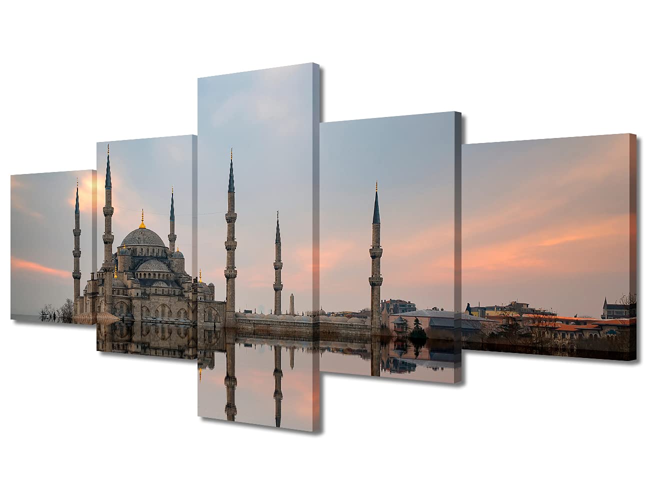 Bedroom Decor Wall Art Blue Mosque Painted Wall Paintings 5 Piece Wall Decoration for Living Room Decor Islamic Landmarks in Turkey Wall Pictures Stretched and Framed Ready to Hang (50''Wx 24''H)