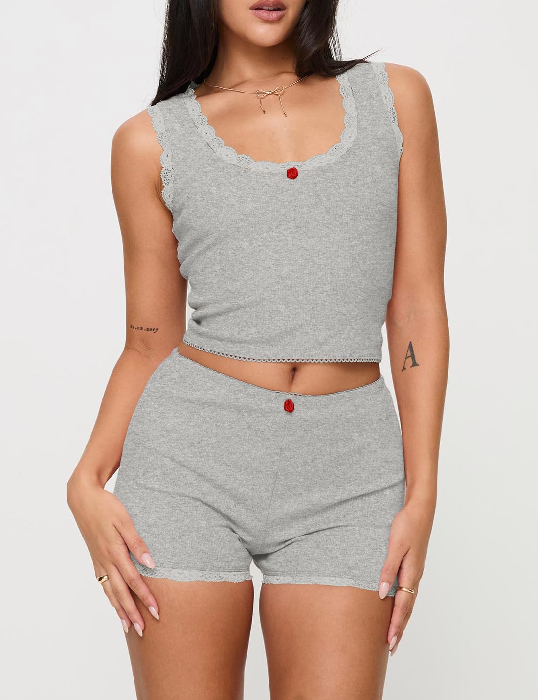 Supersun Pajama Sets For Women 2 Piece Ribbed Tank Top With Lace Trim High-rise Shorts Scooped Neckline Cute Pajamas Sleep Sets Wine Red, Medium: Gray Small