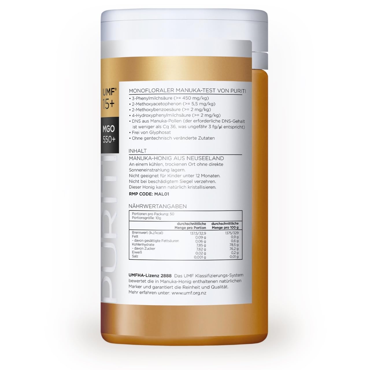 PURITI Manuka Honig MGO 550+ 500g aus Neuseeland mit zertifiziertem Methylglyoxal Gehalt - Laborgeprüft, Direktimport, reines Naturprodukt, frei von Zusatzstoffen