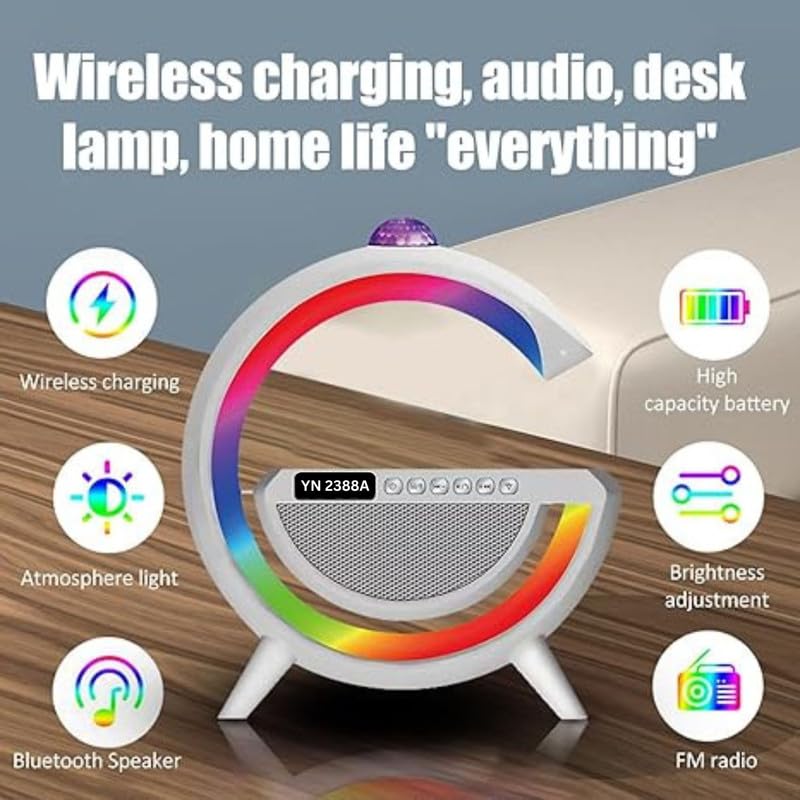 Image of Exxelo Bluetooth Speaker with FM Radio RGB Light Table Lamp Wireless Charger LED Smart Wake Up Light 15W Wireless Charging Loud Speaker for Home Decoration, Bedroom & Gaming Room