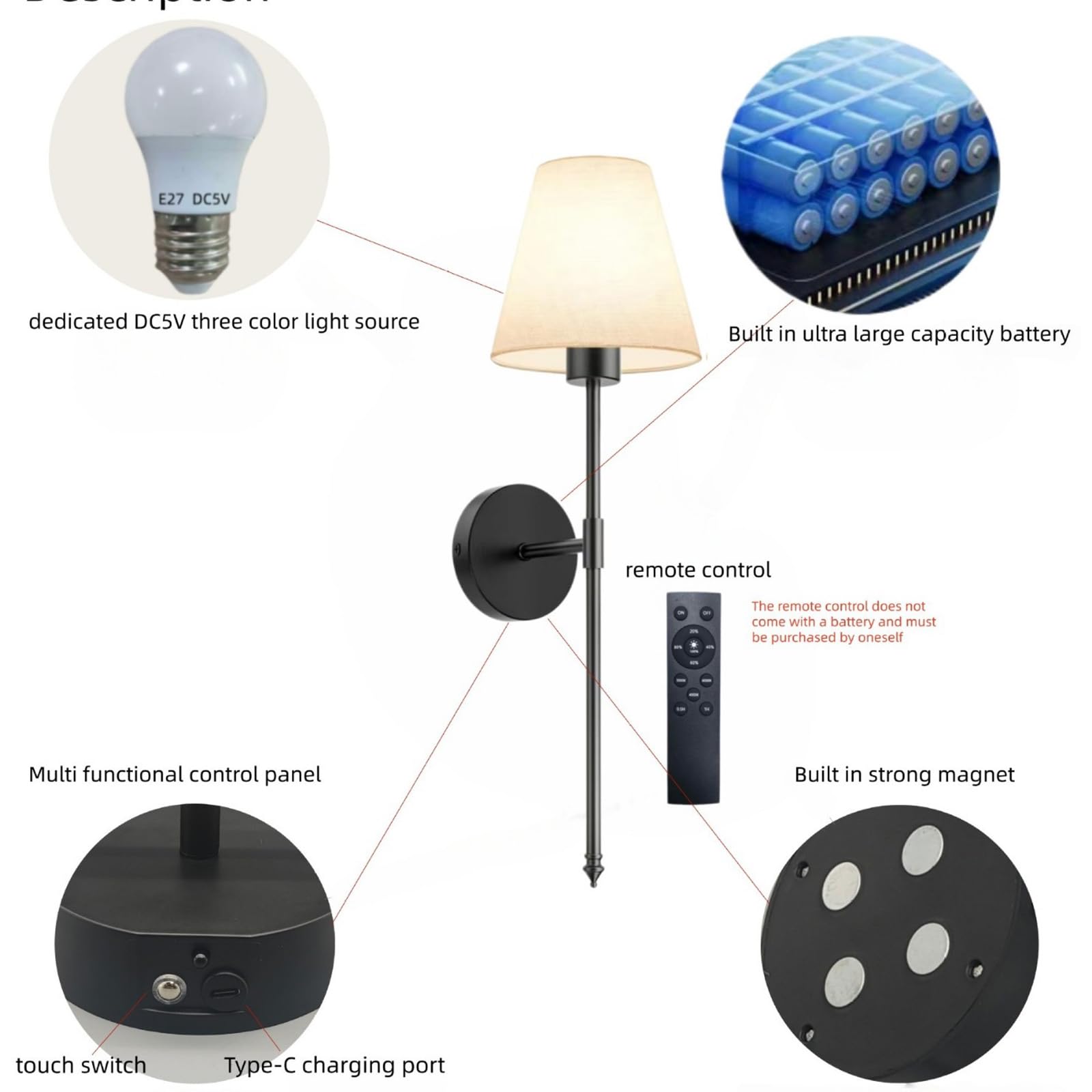 Apliques de Pared LED Interior Recargable Lámparas de Pared con Mando a Distancia Control Táctil Regulable Iluminación Sombra de la Tela Dormitorio Sala de Estar Pasillo Escaleras (Negro,2 Piezas)
