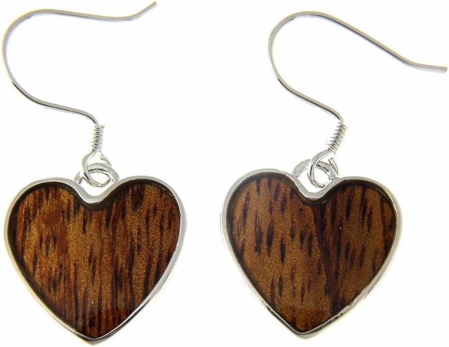 Koa Wood Hawaiian Heart Rhodium Plated Brass Hook Wire Earrings