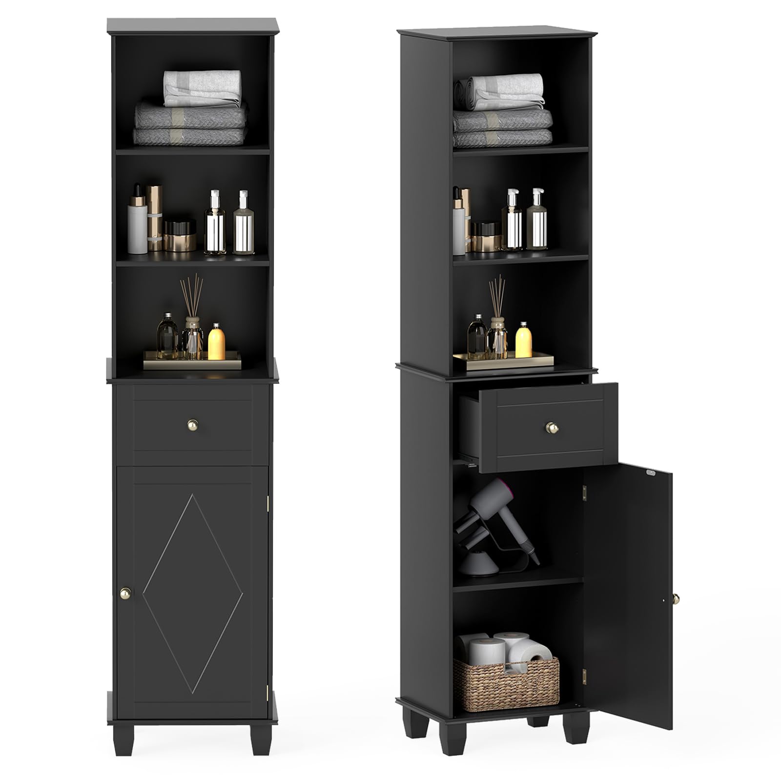 GIANTEX Mobile da bagno alto 172 cm, colonna bagno con 3 ripiani aperti, 1 cassetto, 1 anta e ripiano regolabile, salvaspazio, mobile portaoggetti per cucina, soggiorno (nero)