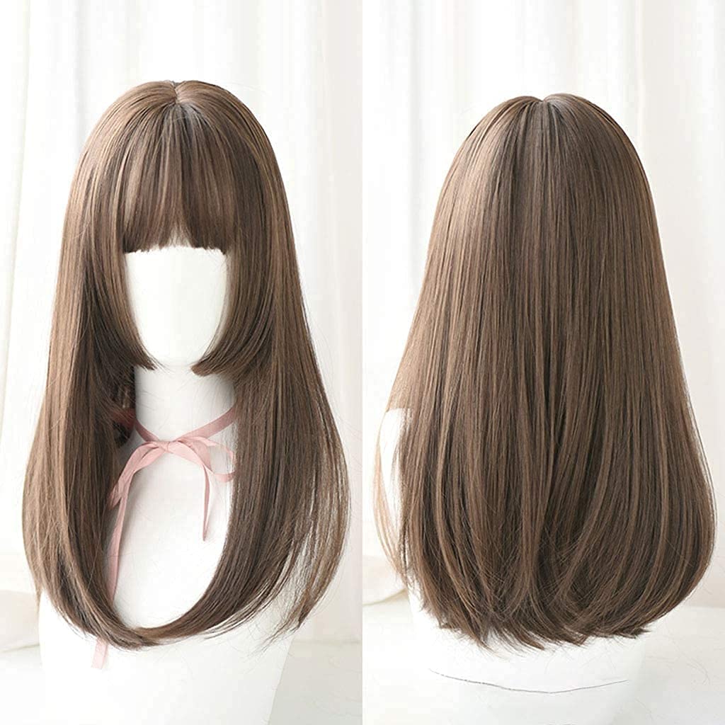 Hair caps for women Hairpieces Japanese Lolita Long Straight Lace Front Wigs with Air Bangs 2 Tone Color Mixed Heat Resistant Synthetic Fiber Hair for Cosplay 20 inches (Color : Cold Brown, Editio