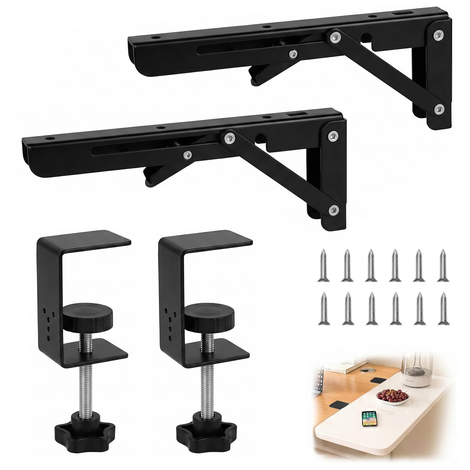 2 Piezas Extensión de Escritorio Plegable con Abrazadera, Ampliación de Mesa sin Taladrar, Bandeja para Teclado Abatible para Tableros de 1-5 cm, Soporte Extensible para Oficina, Teletrabajo y Gaming