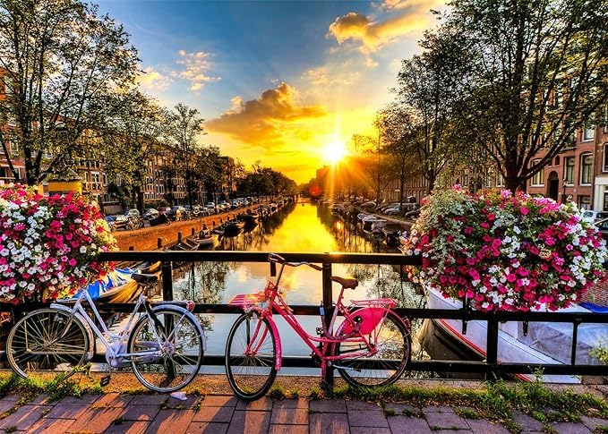 Sunrise Over Amsterdam Canal Jigaw Puzzle, Beautiful World Travel Spot Amsterdam Sunrise Morning with Bicycles Landscape 1000pcs Puzzle Educational Game Toys Family Decoration