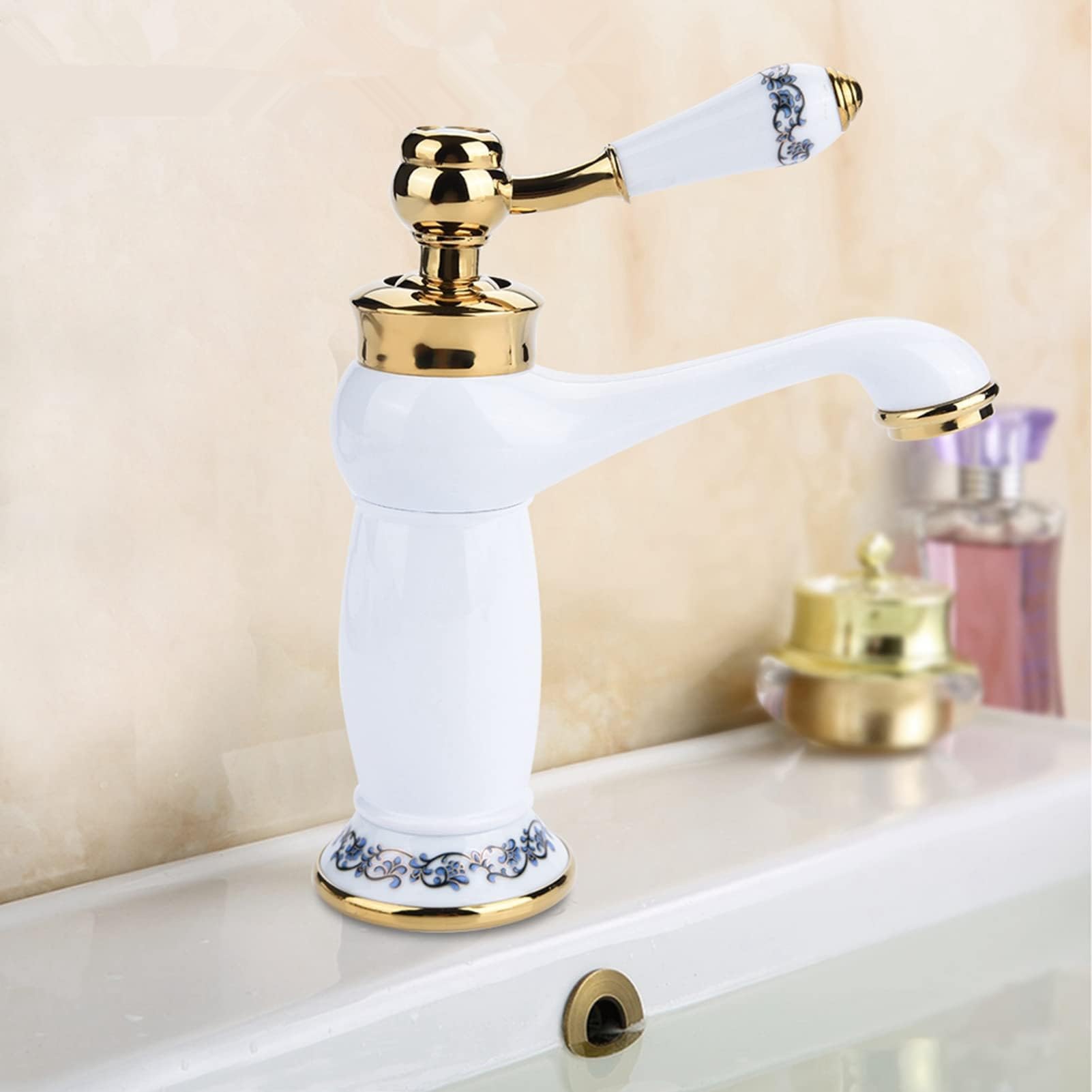 Fdit Céramique Antique en Laiton Robinet De La Salle De Bains Évier Robinet Bleu Et Blanc en Porcelaine À Long Cou Vintage Robinet De Lavabo Mitigeur Cuisine Robinet d'eau Froide Robinet(Blanc)