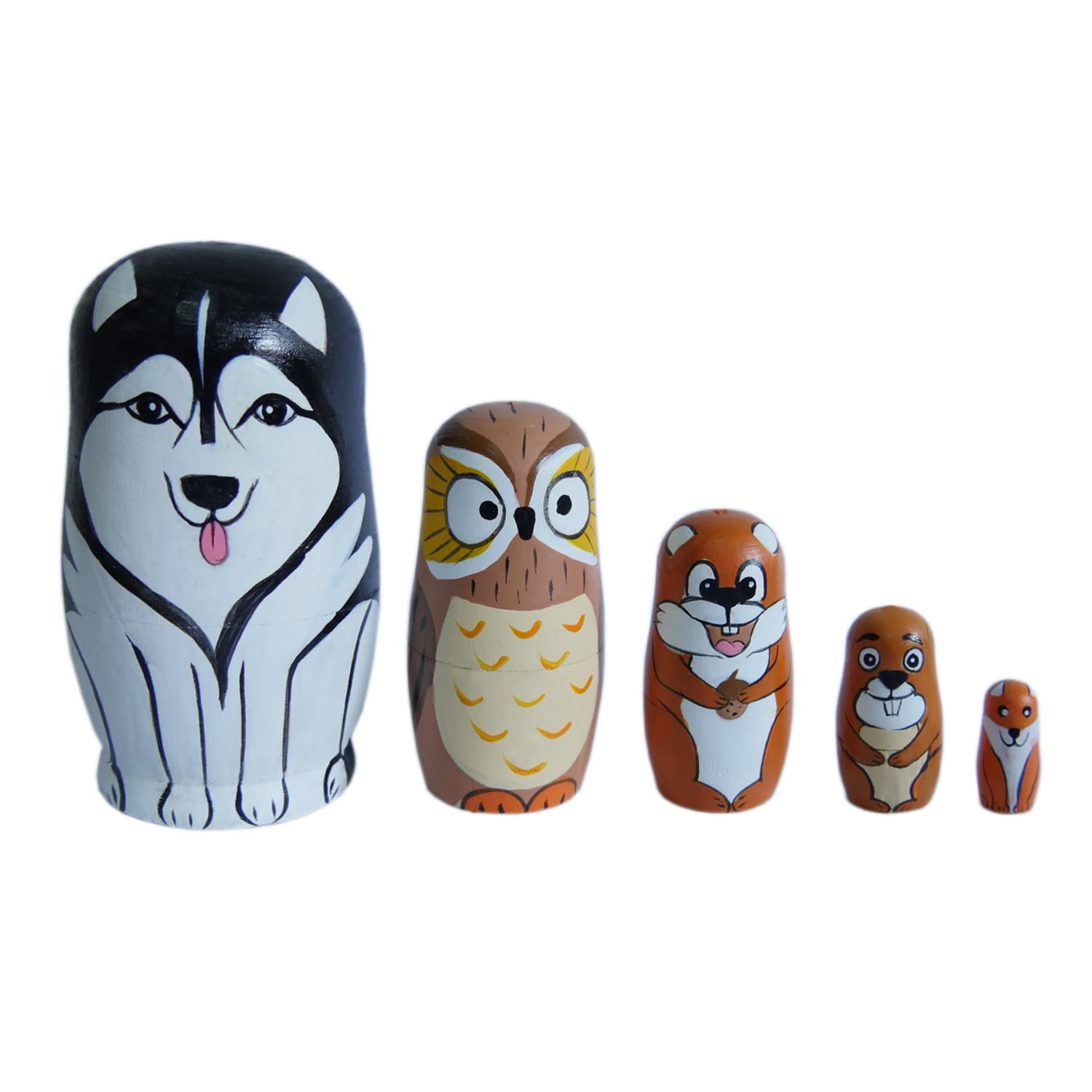 LongJT Russian Nesting Dolls Handmade Cute Cartoon Animals Pattern Wooden Matryoshka Dolls Nesting Doll Stacking Doll Set of 5 (Husky)