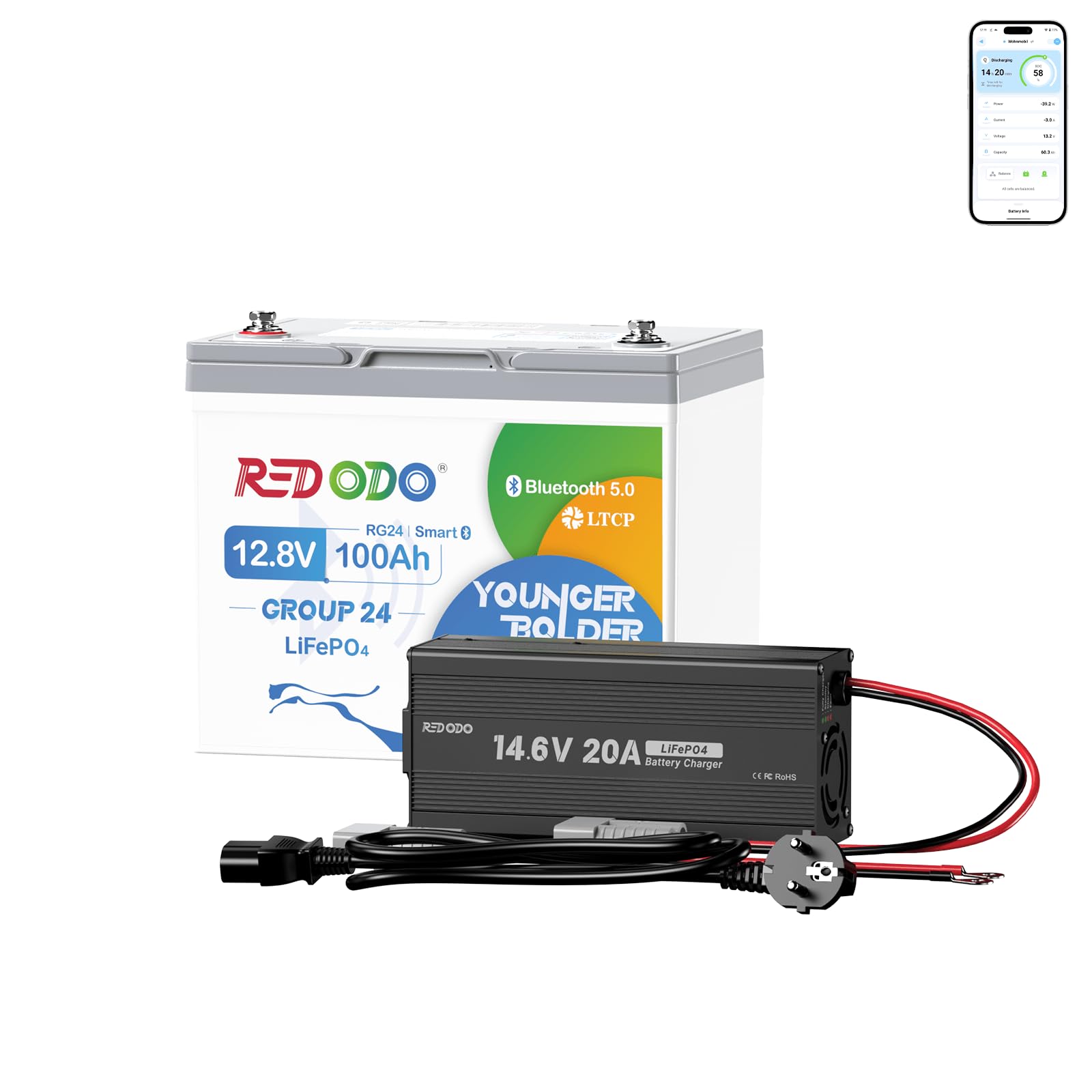 Redodo 12 V 100 Ah Bluetooth LiFePO4 akumulator z ładowarką 12 V 20 A, ochrona przed niską temperaturą, akumulator litowy grupa 24 do silników trollingowych, 100 A Smart BMS, idealny do marynarki