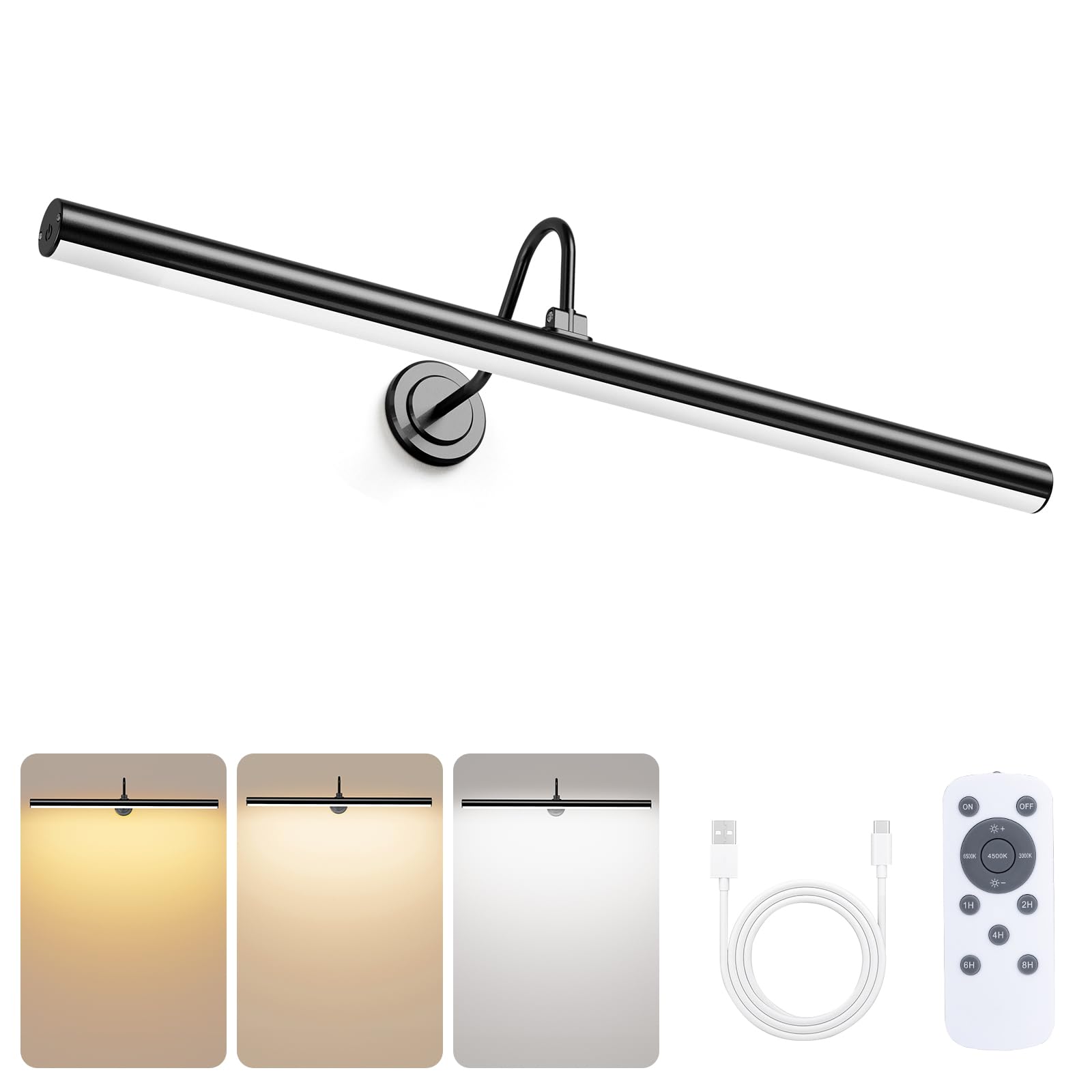 Bridika 23.6''Battery Operated Picture Light with Remote, 3 Color Modes and Dimmable Wireless Rechargeable Wall Light for Paintings, Gallery, Bedroom, Bathroom with Timer (Black, 1 Pack)