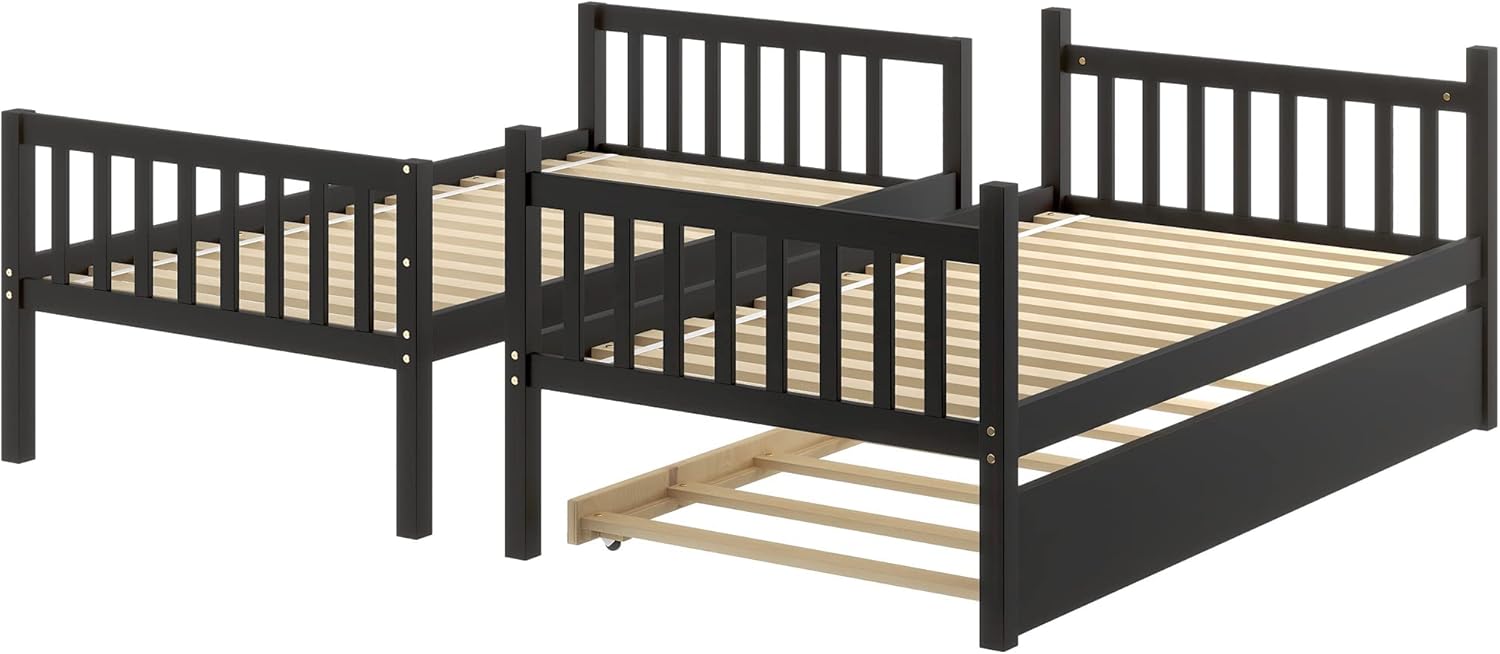 Merax Twin Over Twin Bunk Beds with Trundle, Solid Wood Trundle Bed Frame with Safety Rail and Ladder, Kids/Teens Bedroom, Guest Room Furniture, Can Be Converted into 2 Beds,Espresso
