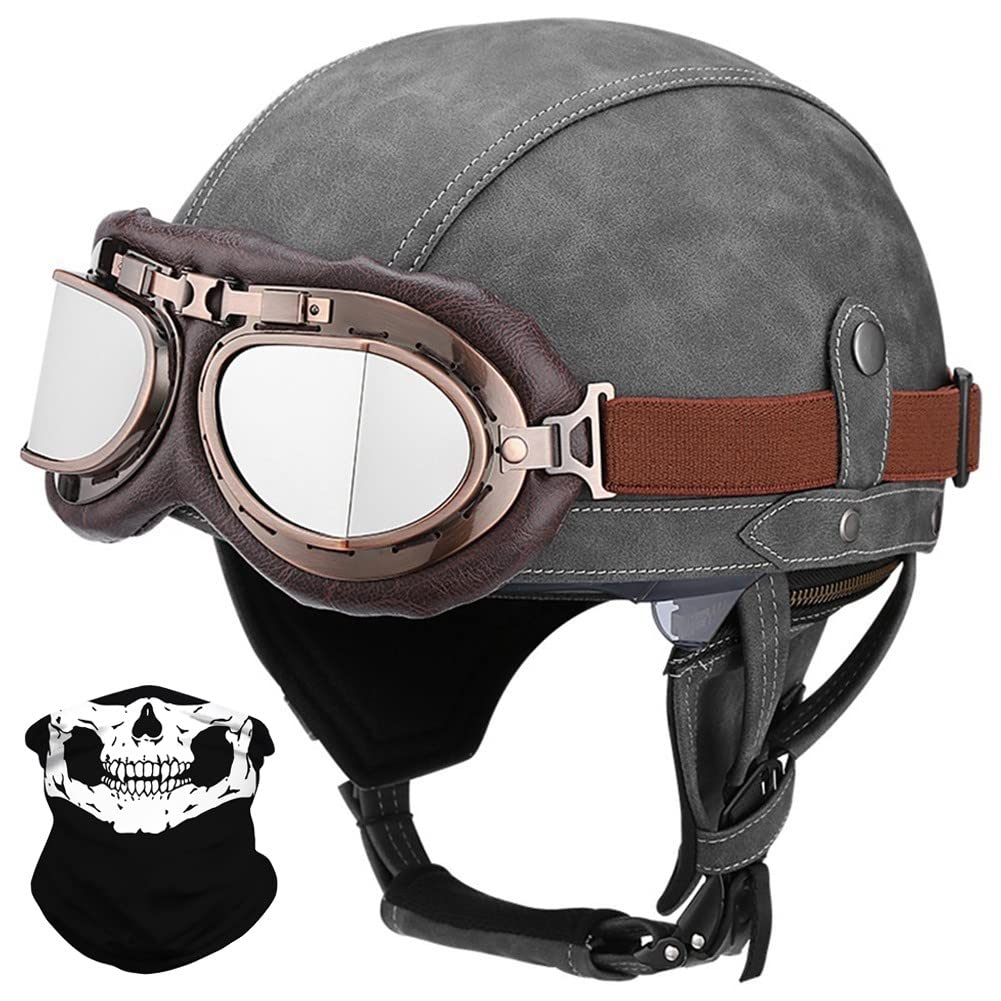Leather Half Helmet German Style Retro Motorcycle ECE Approved for Men Women - Vintage Open Face With Goggles, Half Shell Cap for Chopper Cruiser Scooter Bike