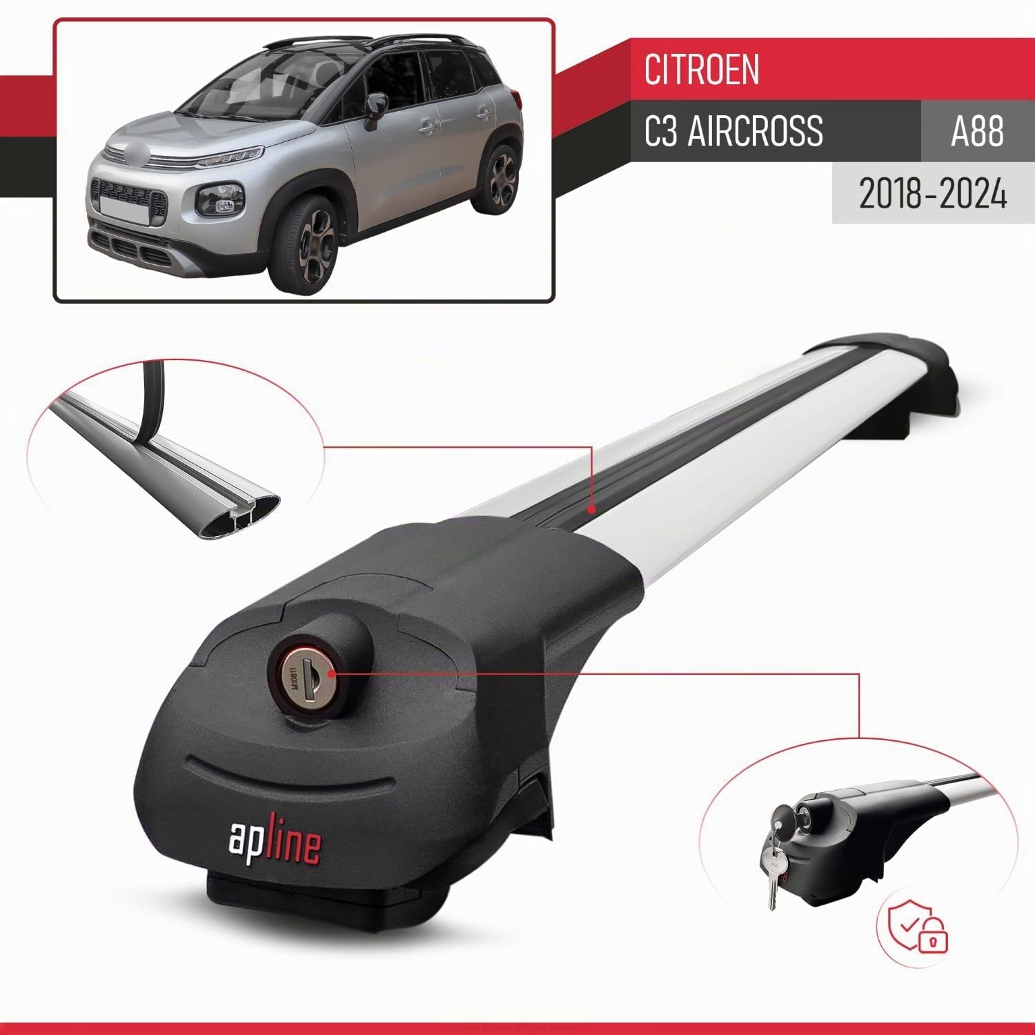 Compatible avec Citroen C3 Aircross (A88) 2018-2024 ACE-1 Barres de Toit Railing Porte-Bagages de Voiture Gris Aluminium 2 Barres