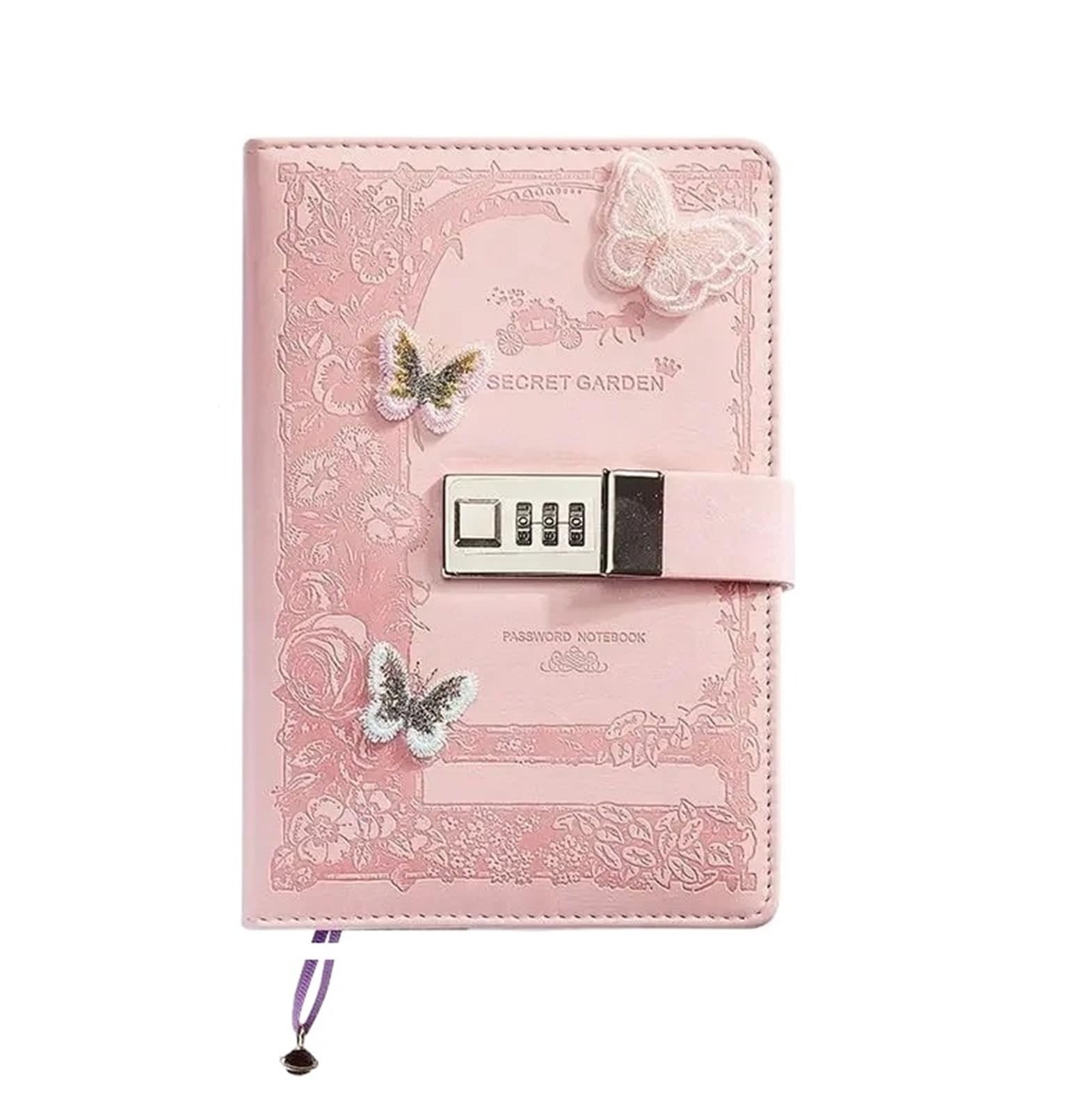 A5 Retro Passwort Notebook mit Schloss Zeitschriften Verdicken Hand Ledger Handbuch Student Notizblock Tagebuch Bindemittel Schreibwaren für die persönliche Tagesplanung(Pink)