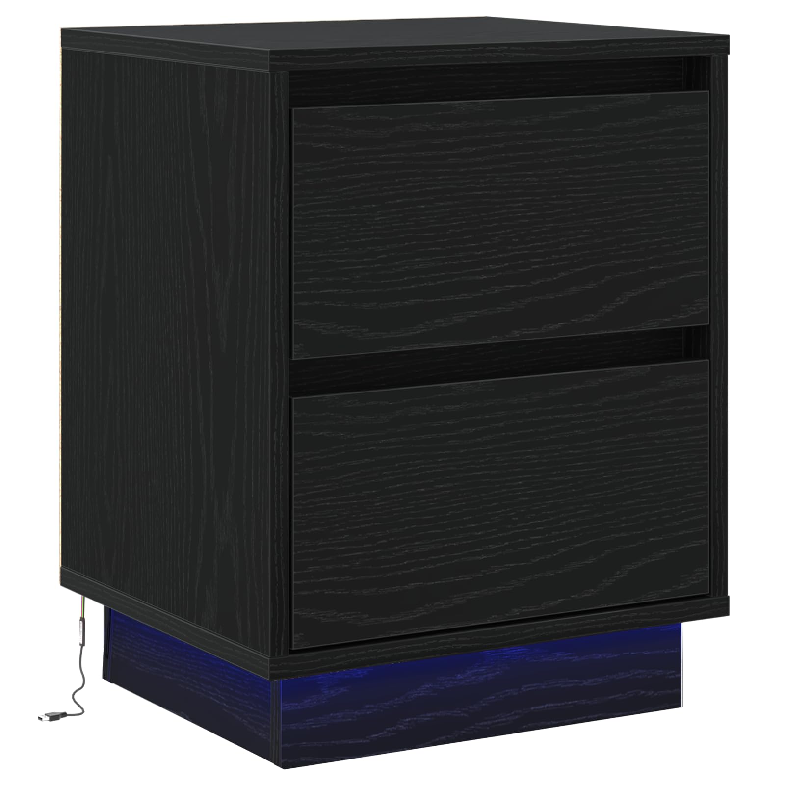 Schwarze Eichen-Nachttische mit LED-Beleuchtung und sanft schließenden Schubladen – Moderner Beistelltisch mit Stauraum für Schlafzimmer, 2 Schubladen pro Schrank,
