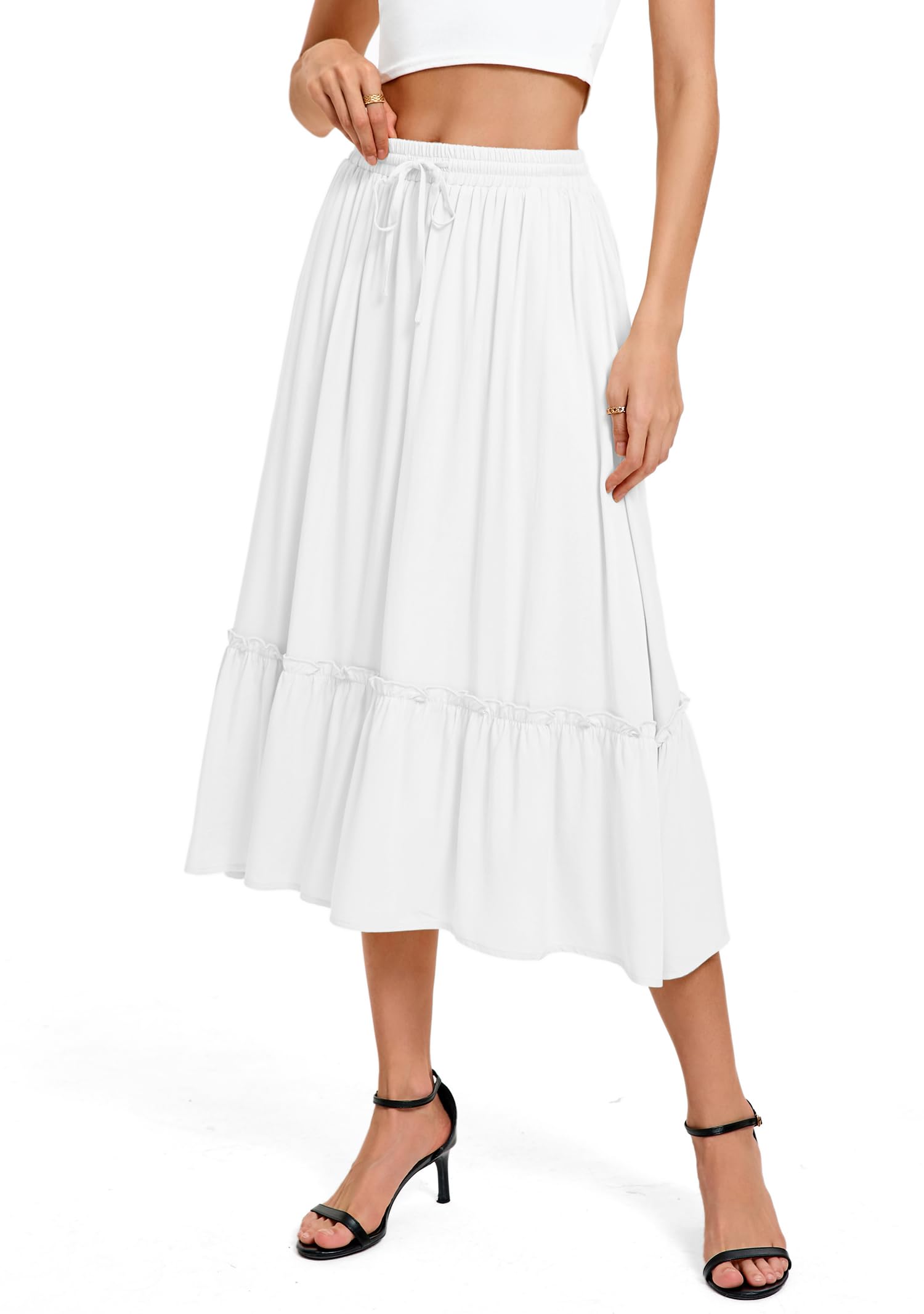 Urban CoCo Womens Elastic Waist Flowy A-Line Midi Long Skirt Below Knee with Pockets