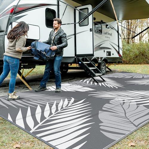 GENIMO Outdoor Rug 10 x 20 Waterproof for Patios Clearance Reversible Outdoor Plastic Straw Camping Rug Carpet Large Area Rugs Mats for RV Camper Deck Balcony Porch Beach Picnic Grey&White