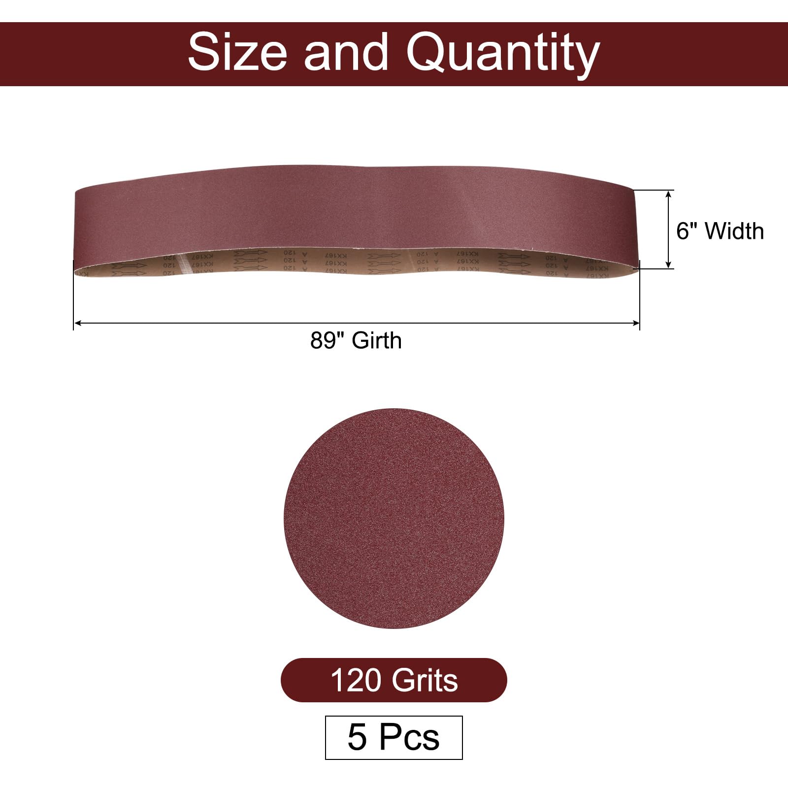 sourcing map 5 bandas de lijado de 6 x 89 pulgadas, grano 120, óxido de aluminio, lijadora, papel de lija para pulir madera y metal, color marrón rojizo