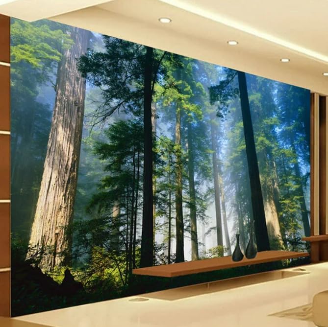 Papier peint photo 3D arbres imposants forêt brouillard soleil pour décoration salon