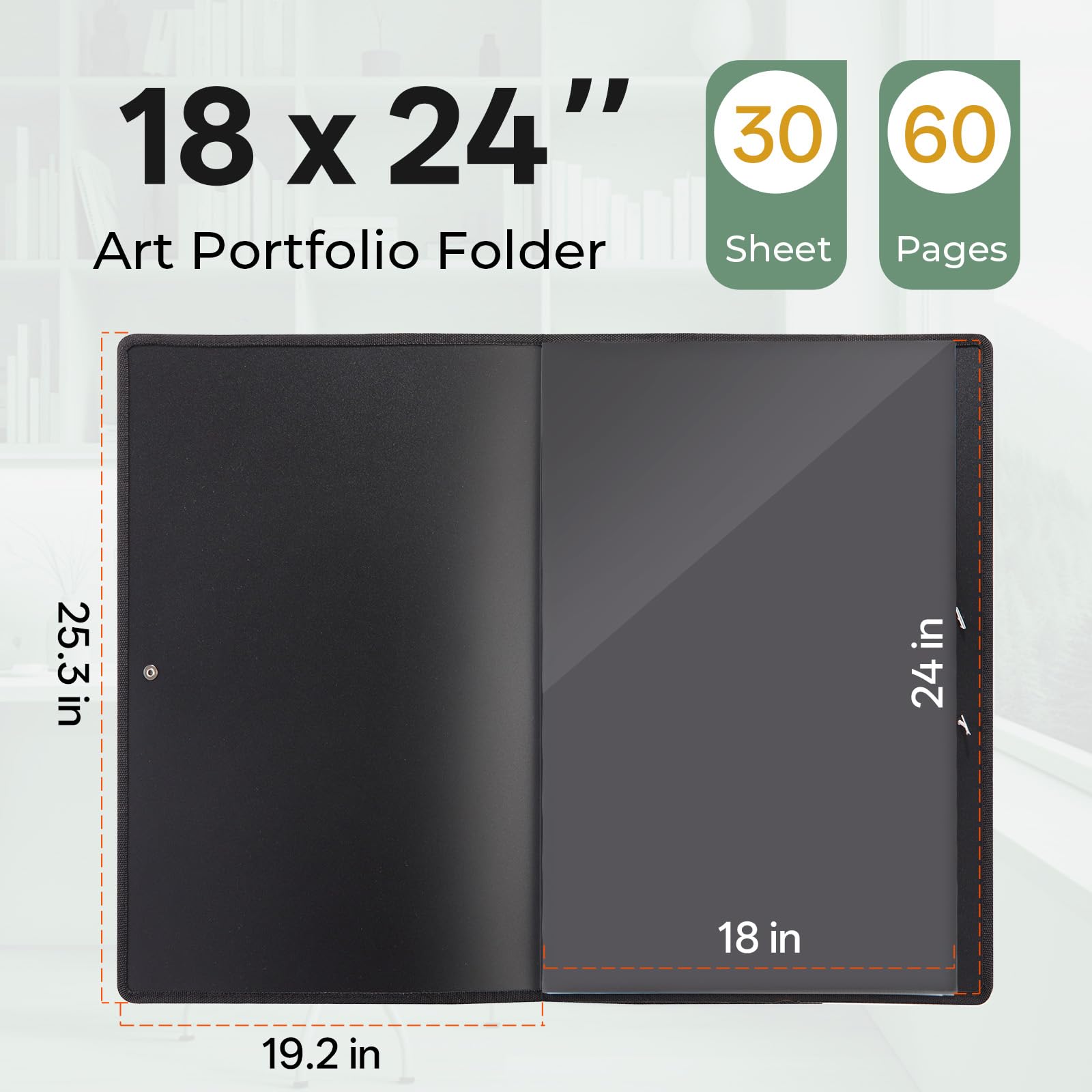 Carpeta de portafolio de arte grande de Nicpro de 45,7 x 61 cm, 30 bolsillos, 60 páginas, carpeta de portafolio para artistas con fundas de plástico transparente, negro