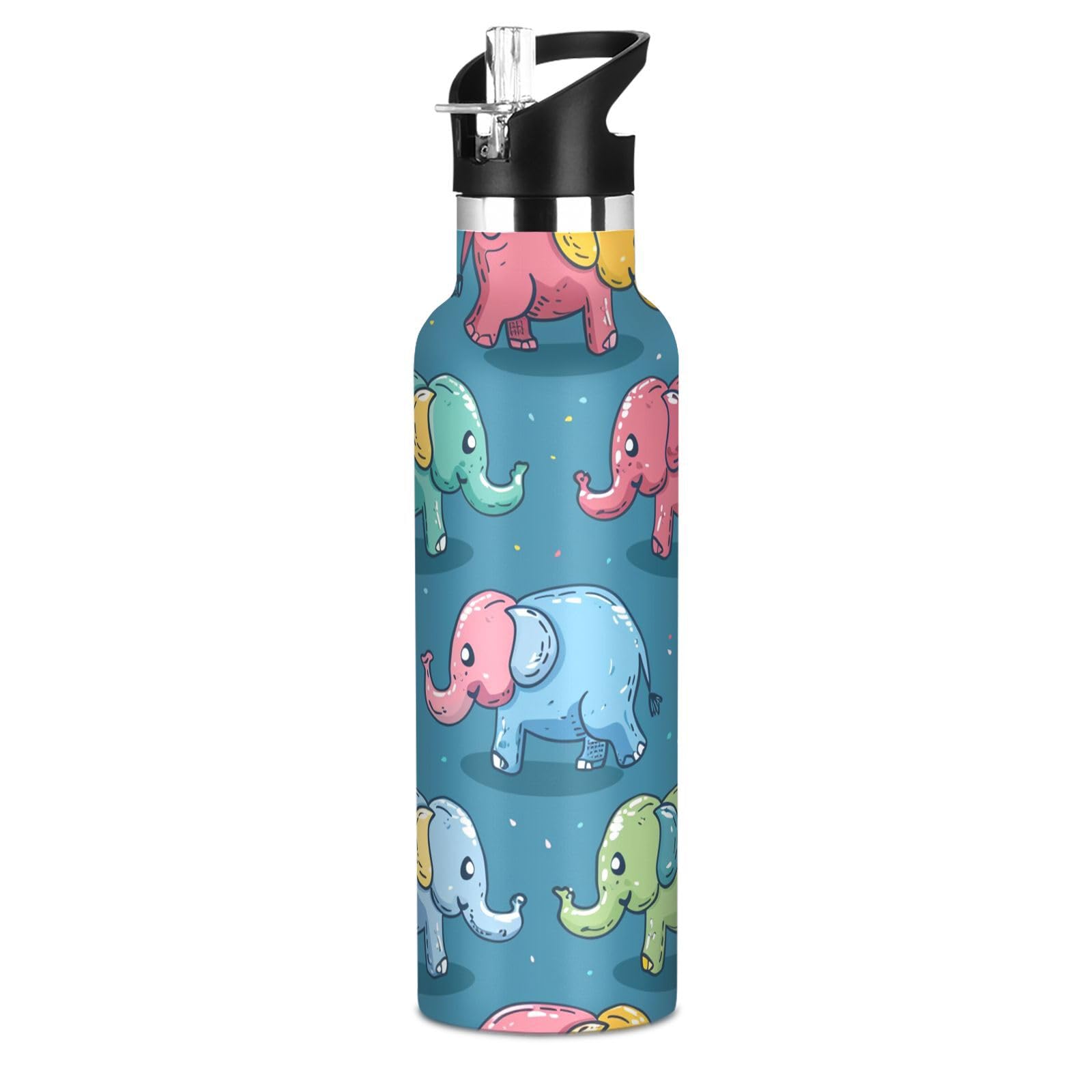 Kaaviyo Boys Pattern Colorful Elephants Joyful Water Bottle Stainless Steel Jug Insulated Vacuum Cup For Girls(600Ml)