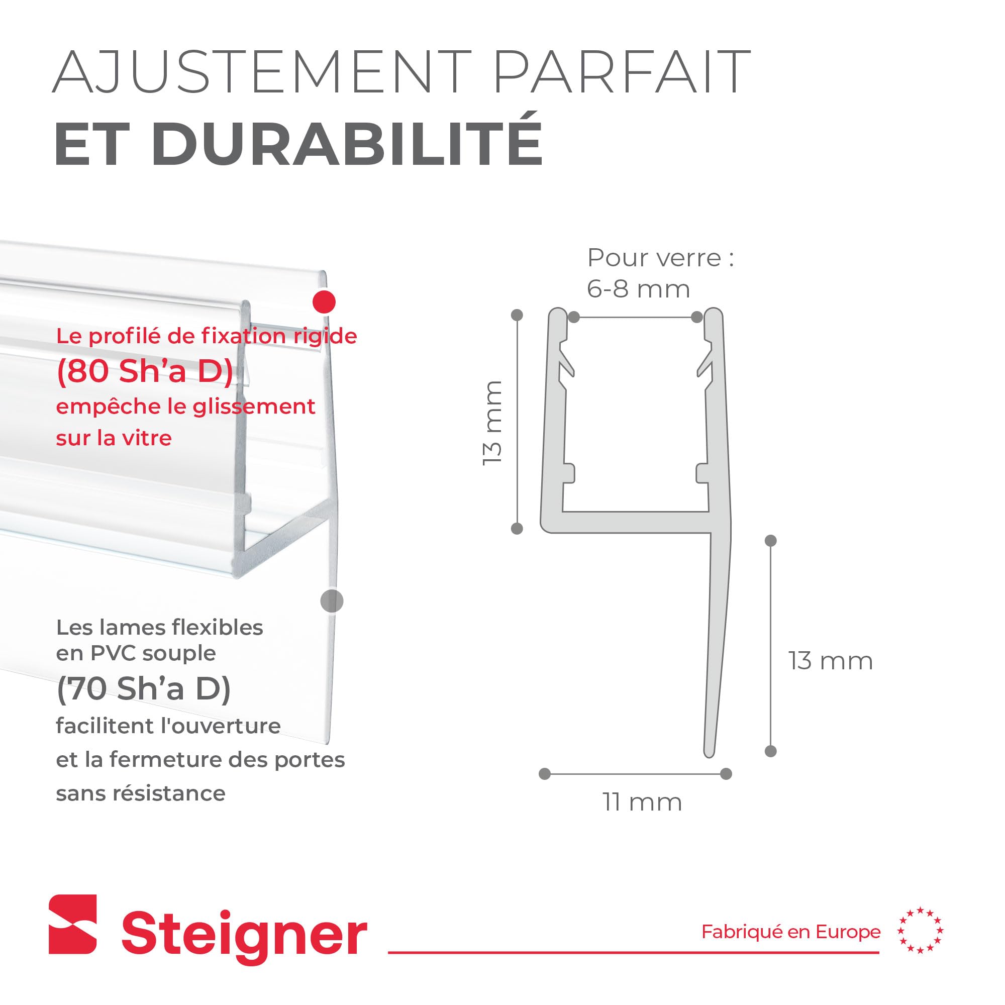 STEIGNER Joint porte de douche UK55 200 cm (1 pc.) transparent - Joint vertical pour douche à accès d'angle ou pentagonale avec porte 6-8 mm - Ajustement parfait, Matériau durable, Finition esthétique