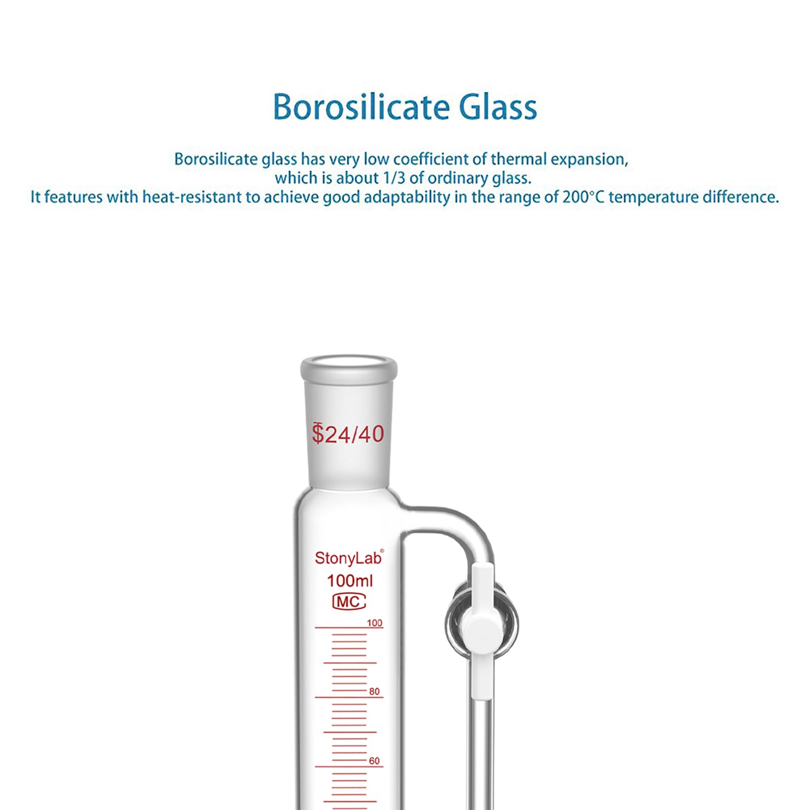 stonylab Druckausgleichs-Zugabetrichter, 24/40 Schliff, Graduierter Tropftrichter aus Borosilikatglas mit 2 PTFE-Hähnen, für Kontrollierte Zugabe im Labor, 100 ml