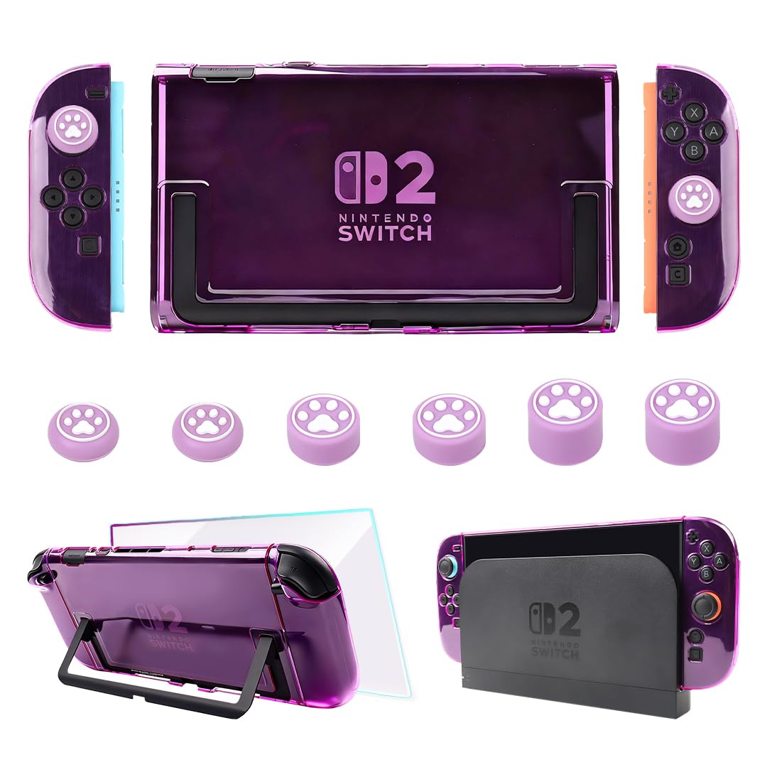 RALAN Nintendo Switch 2 カバー ニンテンドースイッチ 2 カバー ドック対応 ＋Switch 2ガラスフィルム１枚＋6親指キャップ TPU製ソフトケース ジョイコンカバー クリア ケース 可愛い透明パープルデザイン 超薄 分体式 全面保護 分解簡単 指紋防止 気泡ゼロ 高透過率 高感度【クリア アトミックパープル＆ローズレッド】 (透明パープルデ)