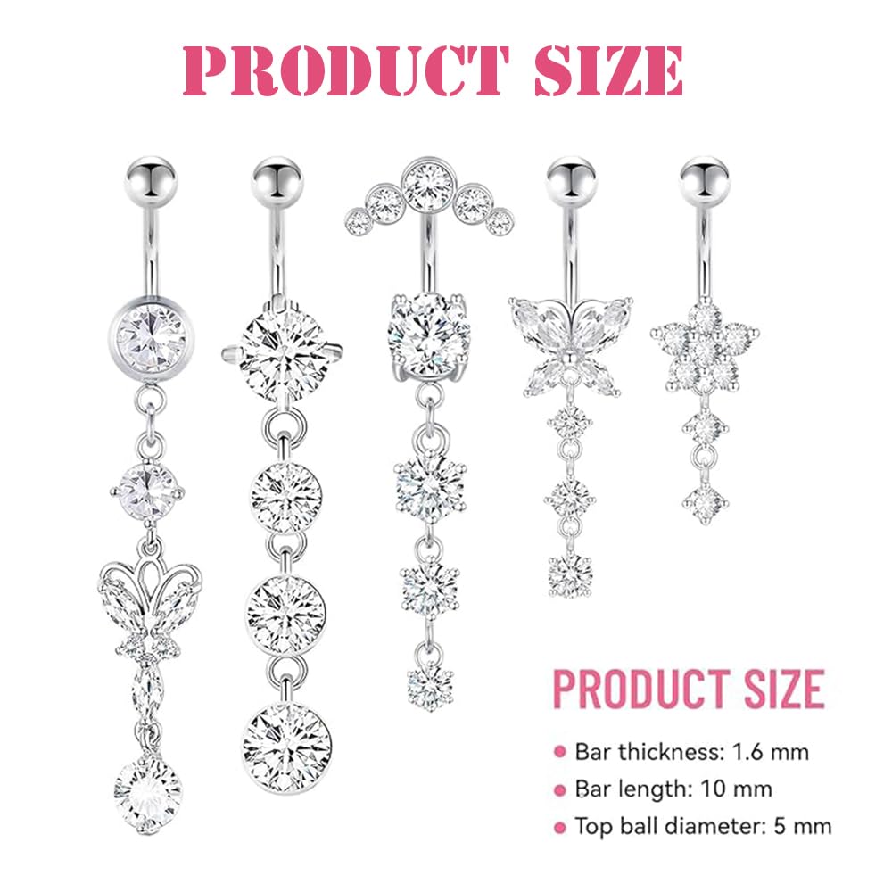 5 Pezzo Piercing Ombelico Piercing Ombelico Pendente in Acciaio Inossidabile Set Cuore Farfalla Gioielli per Le Donne (Argento)