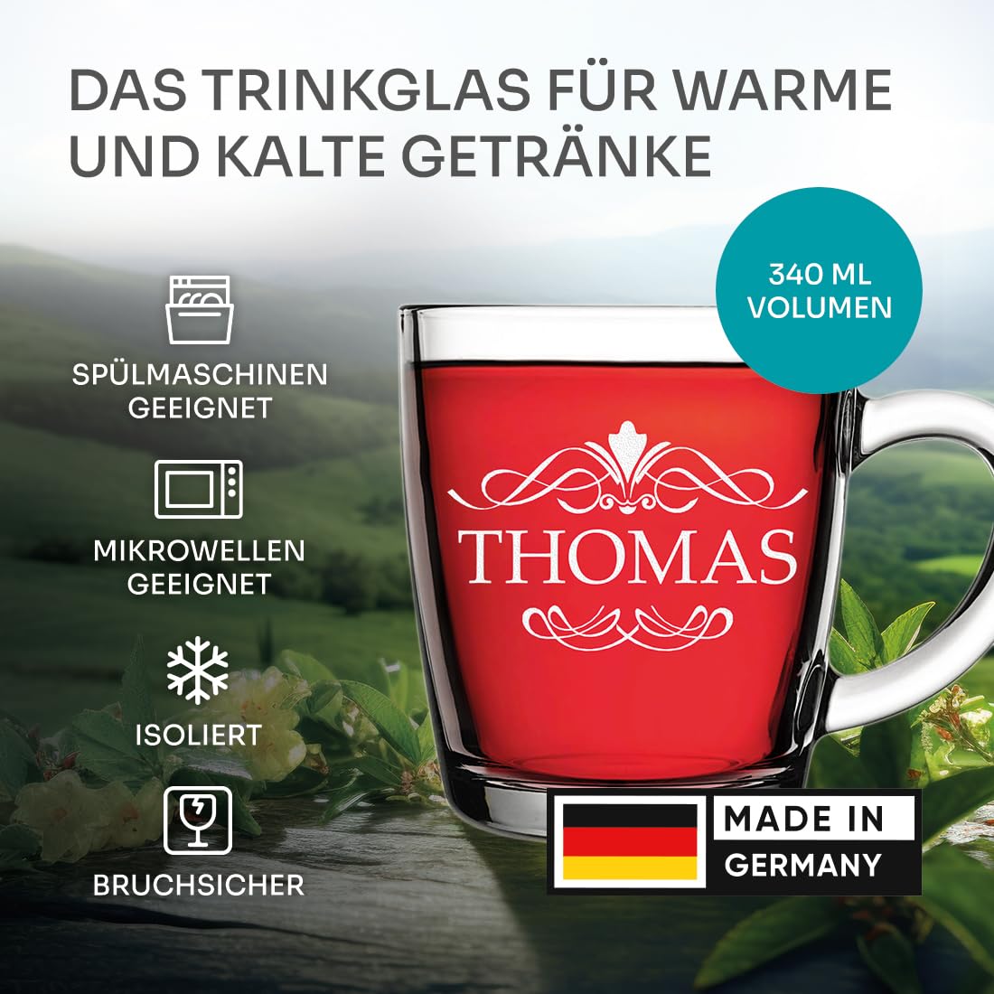 polar-effekt Glas Teebecher 340 ml 6 Stück mit personalisierter Gravur - hitzebeständige Teetassen mit Henkel - für warme und kalte Getränke - BPA-Frei