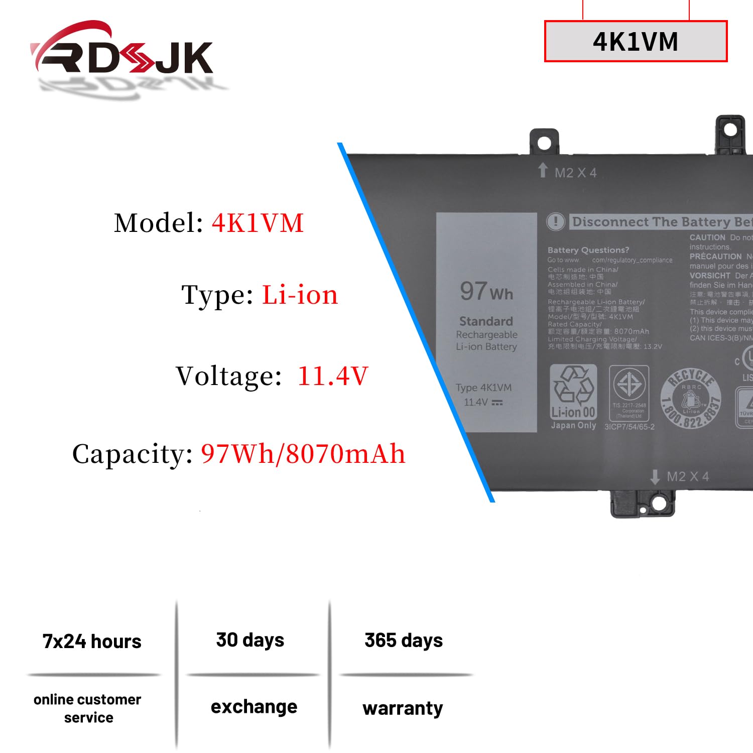 RDSJ 4K1VM Laptop Battery for Dell G7 17 7700 Series W62W6 0W62W6