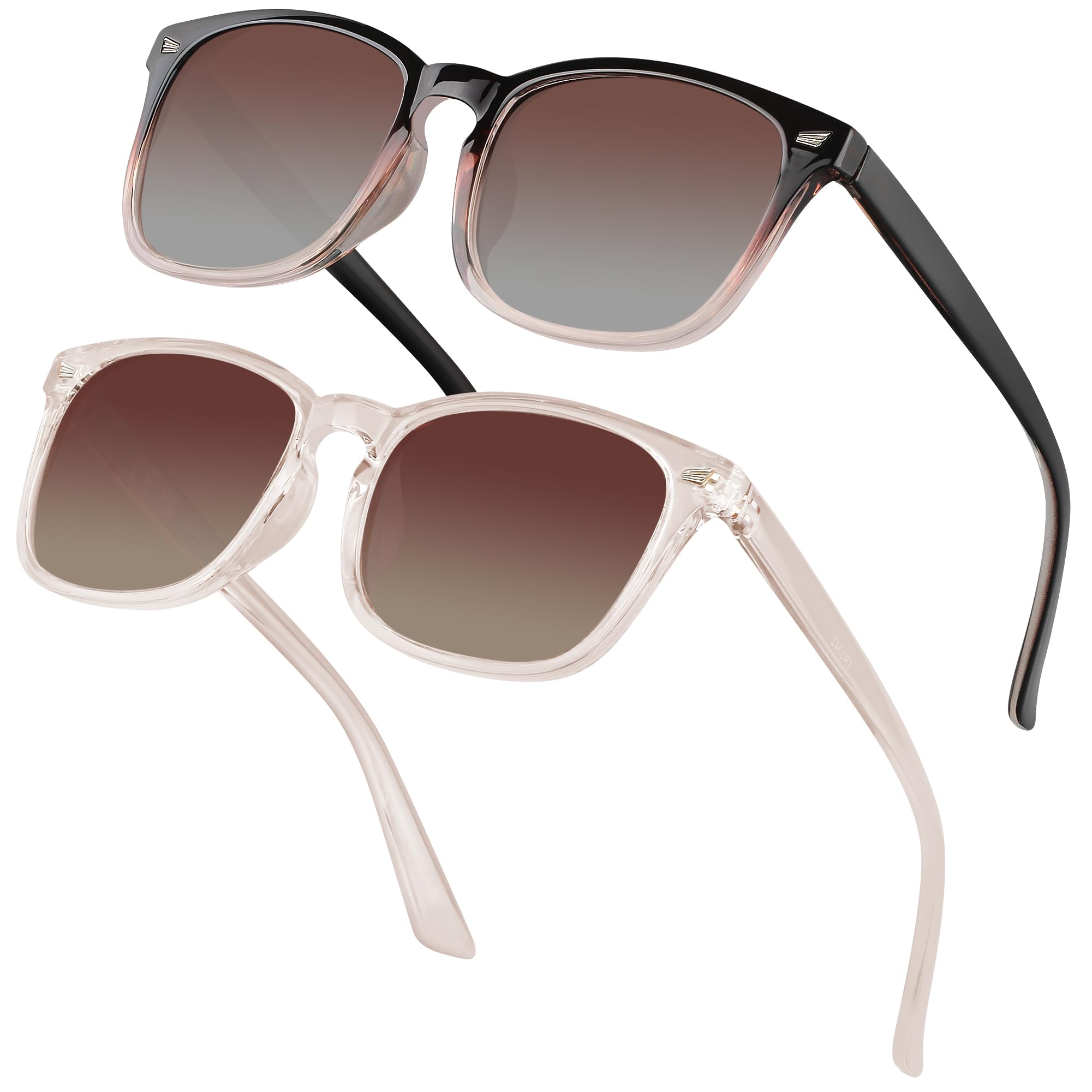 Polarised Sunglasses Womens Rectangle Sunglasses with UV Protection 2 Pack Classic Shades for Women Ladies (3342 Light dark brown)