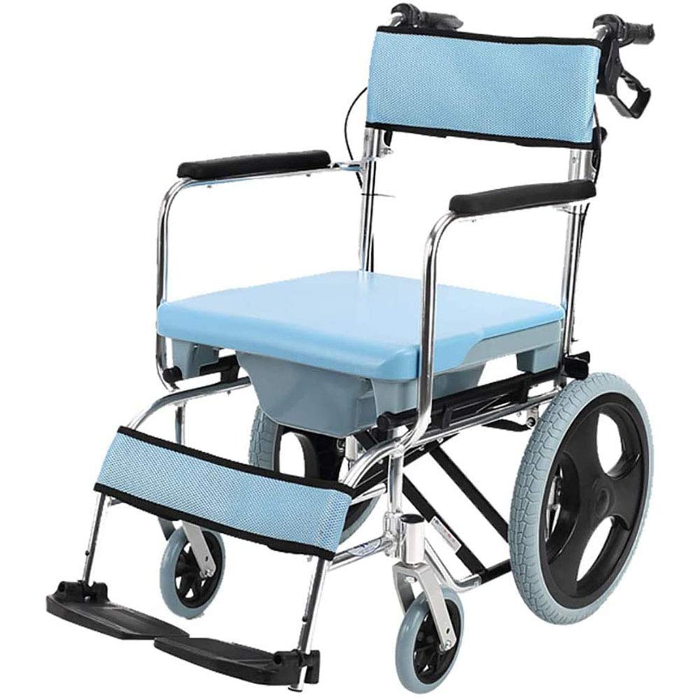 Sillas de Ruedas Autopropulsadas Plegables Ligeras con Inodoro, Baño Robusto Plegable Mde Aluminio Acolchado Asiento Respcon Frenos de Mano/Blue
