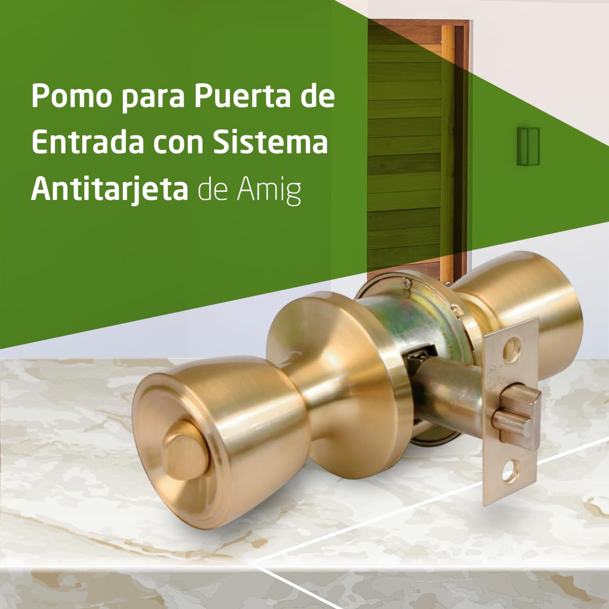 Amig - Juego de Pomos para Puerta de Entrada Interior - Para Puertas de Madera 35‑45 mm - Picaporte 60/70 mm con Condena Interior - Instalación con Agujero Ø54 - Latón Mate - Mod. 600