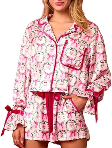 Fiacafyo Ensemble de pyjama 2 pièces en satin de soie pour femme - Imprimé floral Y2k - Chemise à nœud papillon et short à volants, A - Rose, M
