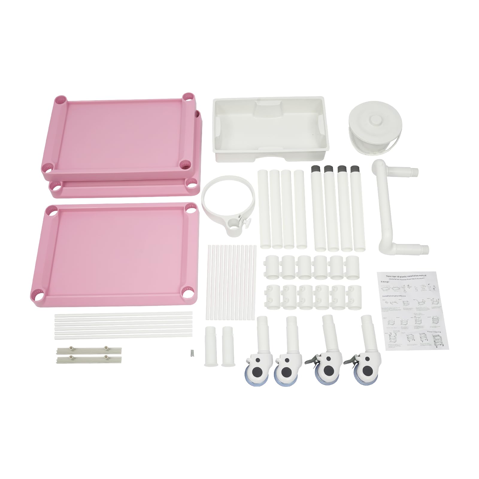 Carrito de salón Beauty con 3 estantes, cajón y cubo, carrito de almacenamiento enrollable para accesorios de belleza, salón de uñas, suministros de peluquería, color rosa y blanco, soporta 100 kg