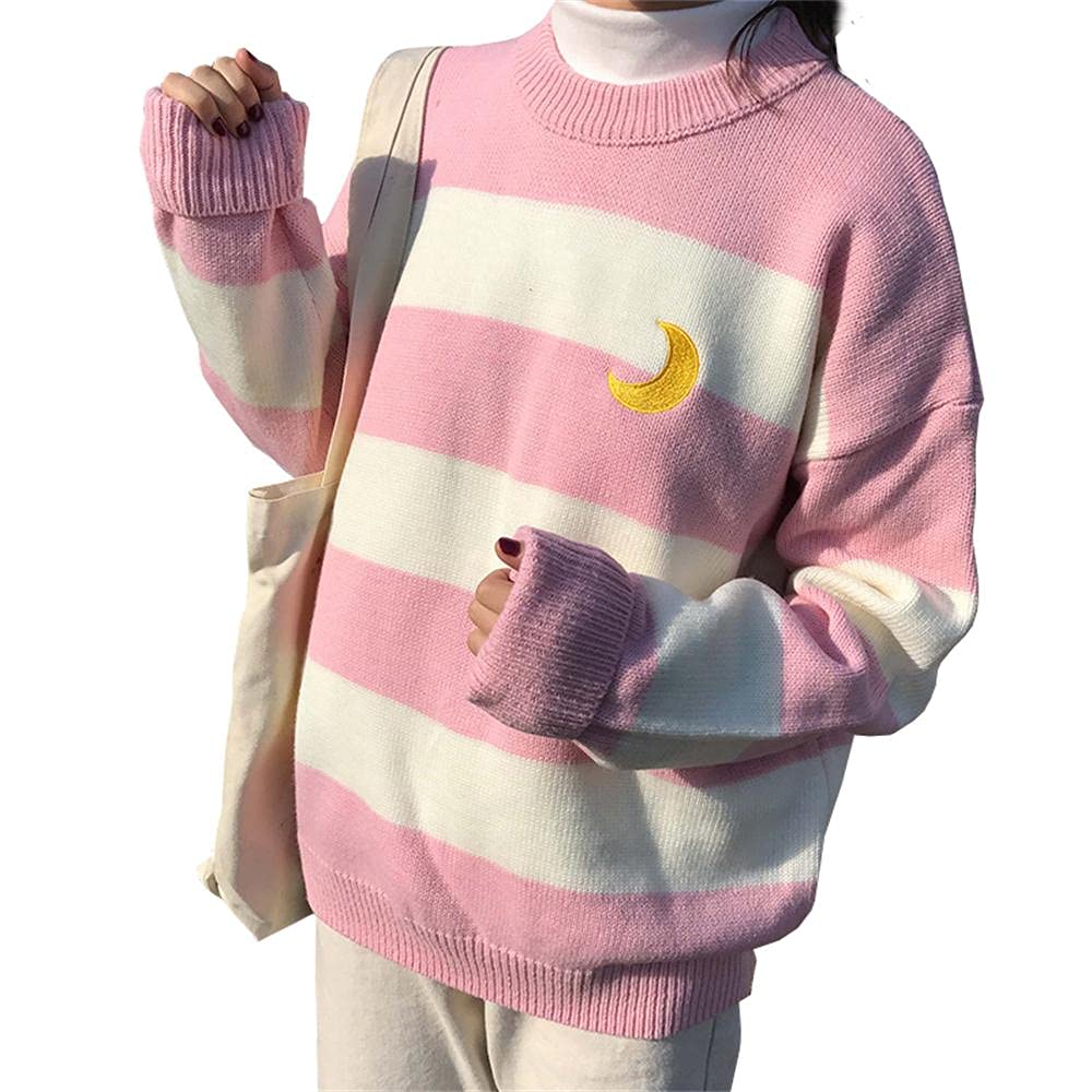 Free ValleySweater Pullover Striped Chic Moon Embroidery Knitting Gentle and Versatile Lazy Style Women's Clothing