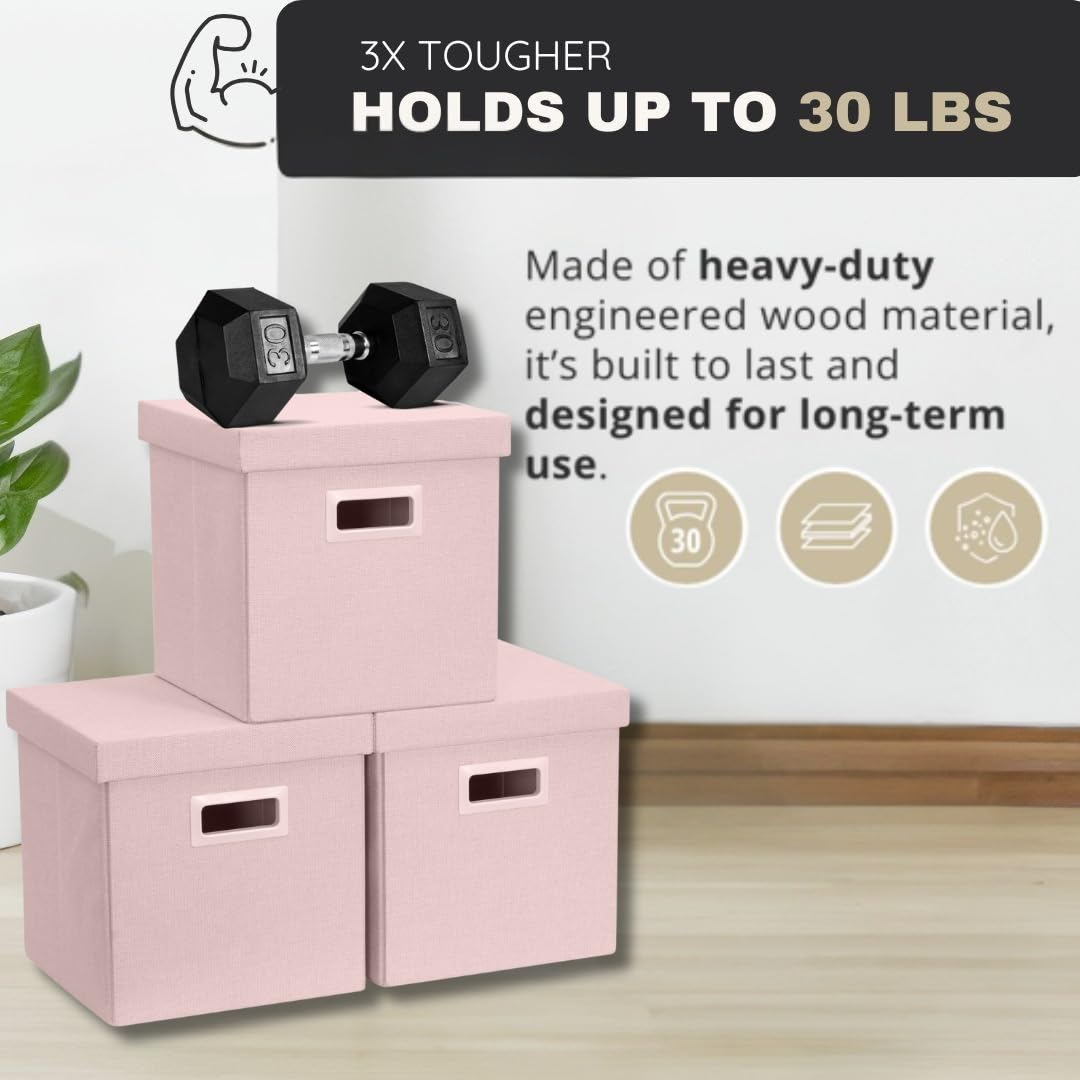 DECOMOMO Heavy Duty Cube Storage Bins, Fabric Storage Cubes, 3X Tougher Storage Basket with Lids (Pink, 11 inch Cube)