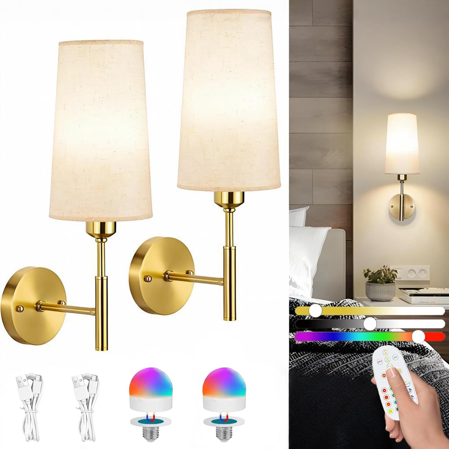 Akku Wandlampe Innen 2 Stück, LED Dimmbar RGB Wandbeleuchtung mit Fernbedienung, 3000mAh USB Aufladbare Wandleuchte, Stoffschirm Wandleuchten für Schlafzimmer Wohnzimmer Flur Nachttischlampe (2 Stück)