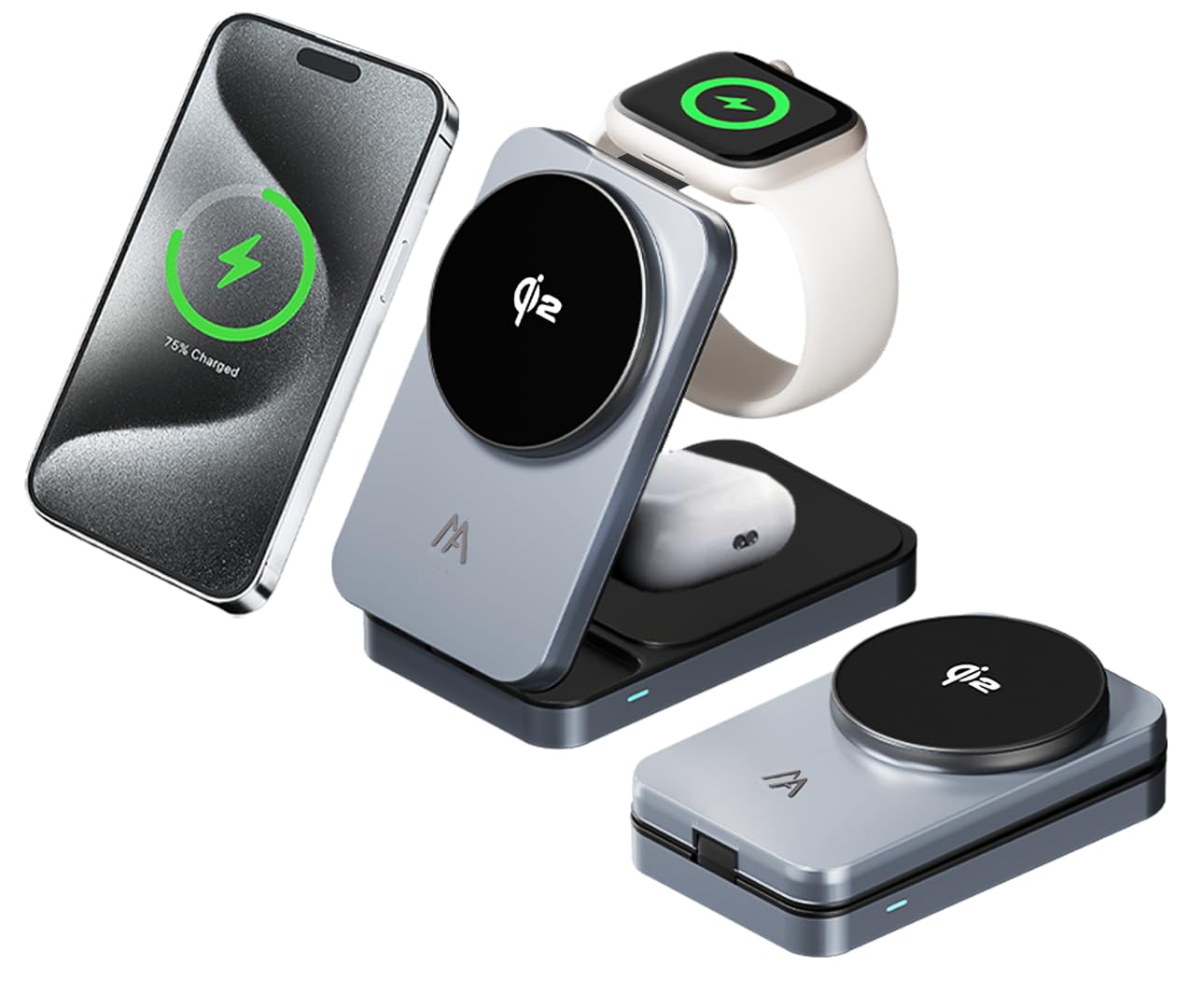 3-in-1 Wireless Charger for Phone,Travel Magnetic Magsafe Charger Stand Nightlight Foldable Wireless Charging Station Compatible with Your Apple iPhone 16/15/14/13/12, Watch AirPods