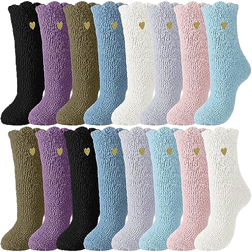 Xtinmee 16 Pairs Women Fuzzy Socks Embroidery Heart Cozy Fluffy Sleeping Winter Warm Slipper Socks for Women Girls