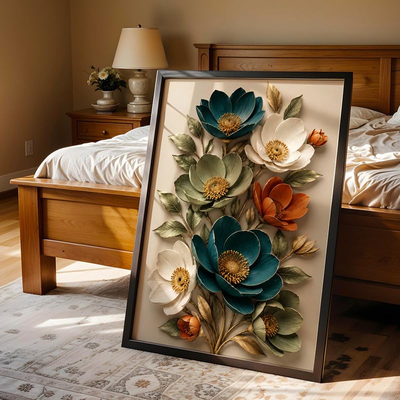 Image of NoWorries 3D Floral Wall Painting with Frame Set of 1 | Premium Textured Teal White Orange Flower Artwork, Luxury Botanical Nature Wall Decor for Living Room, Bedroom, Office and Home Decoration (3d Art-13,13x19inch)