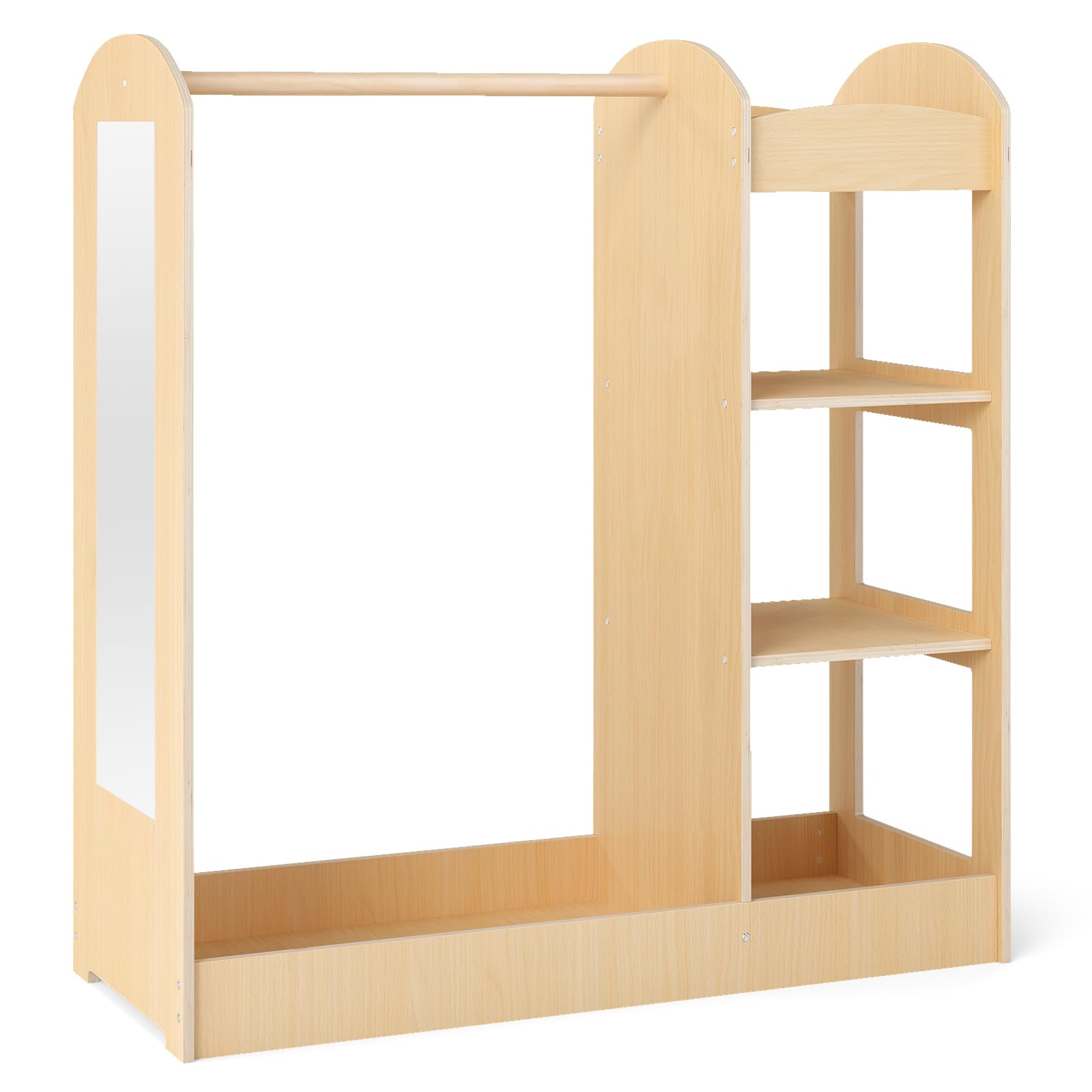 FANTASK Kindergarderobe Kleiderständer, Holz Kleiderschrank mit Spiegel sowie 4 Ablagen Kleiderbügel, multifunktionales Kinder Garderobenregal für Kinderzimmer Spielzimmer, Natur