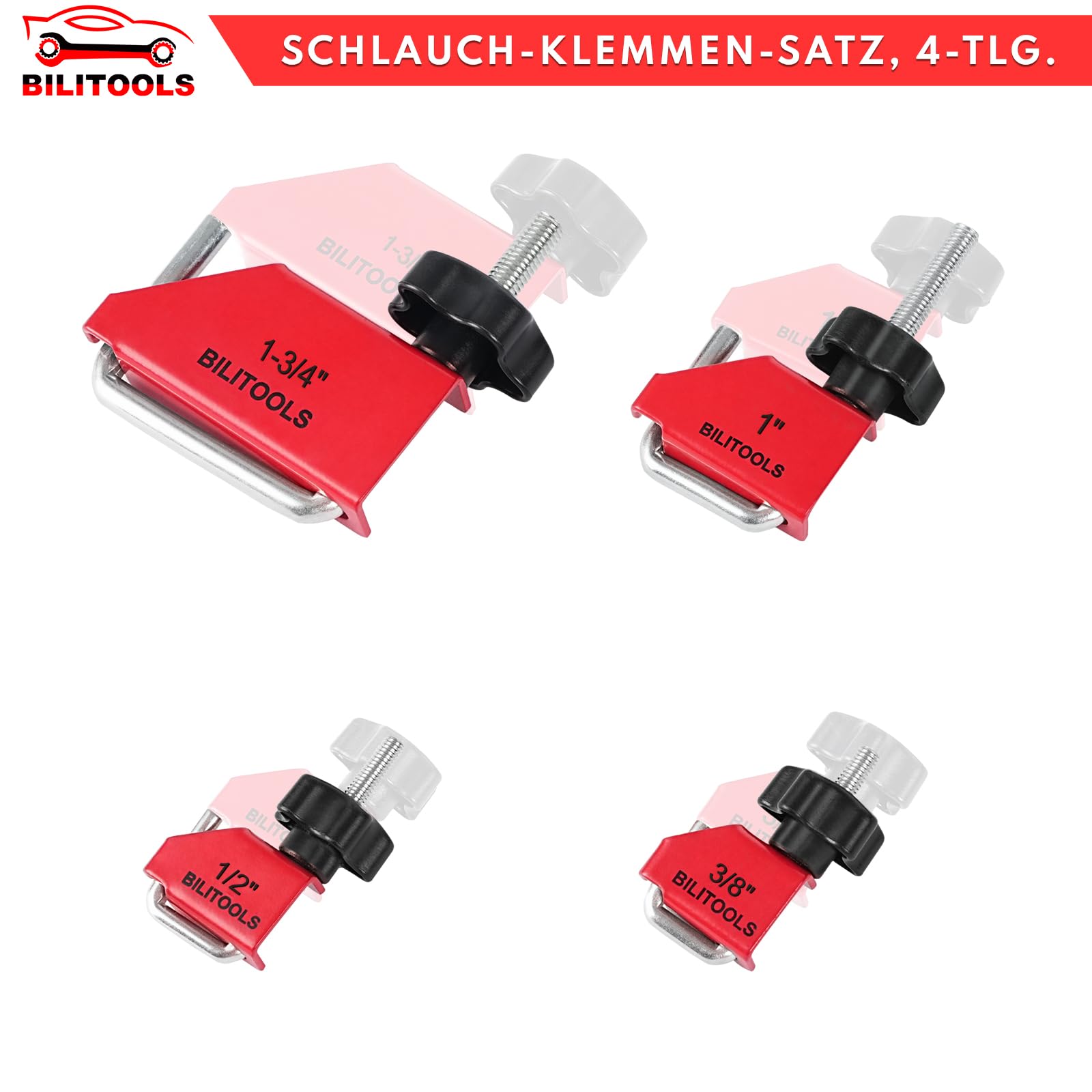 BILITOOLS 4-tlg Schlauchklemmen Werkzeug Set Schlauchklemmenzange Sortiment zum Abklemmen von Benzinschläuchen und Kunststoff-Leitungen ohne Beschädigungen