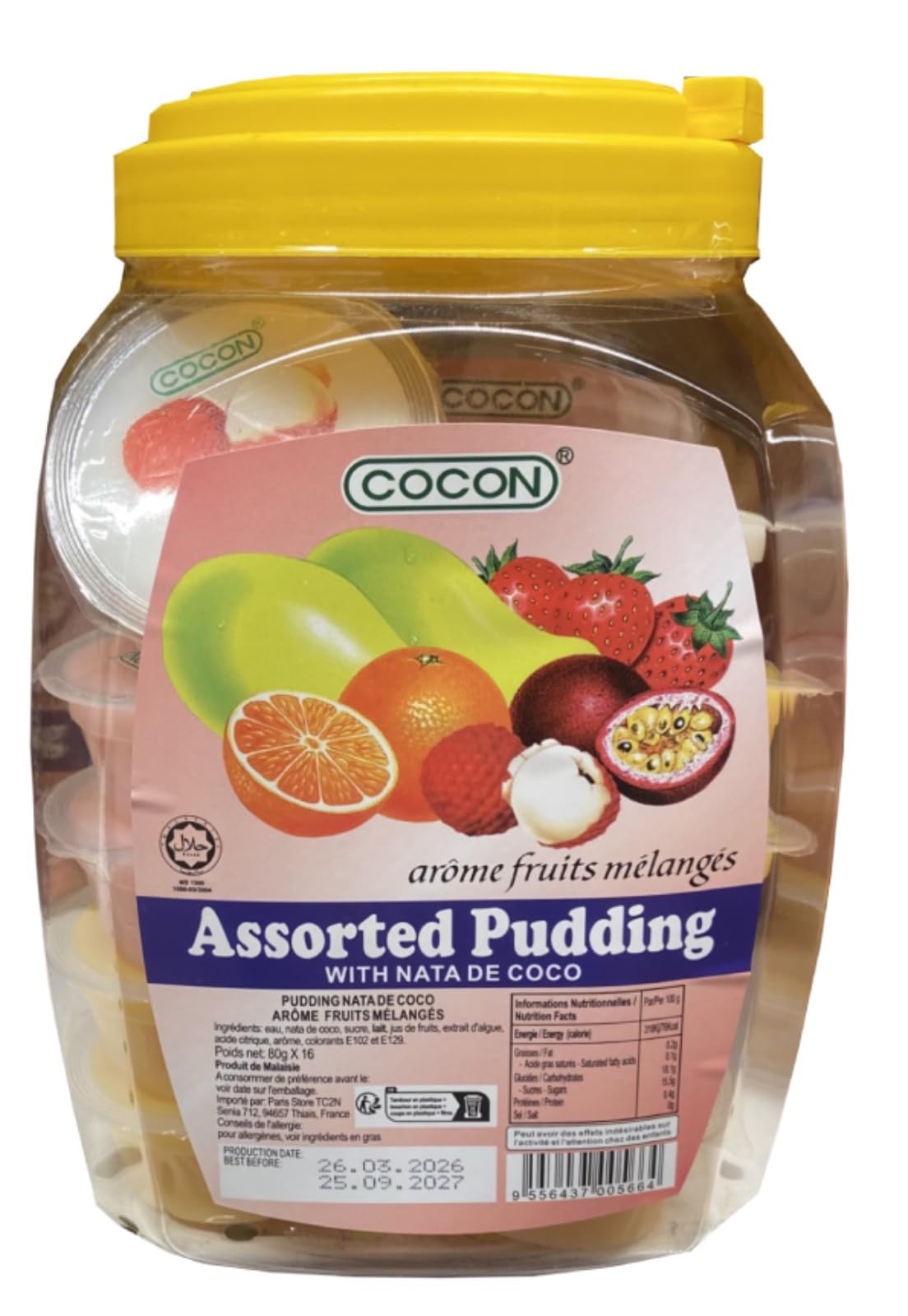 Cocon Pudding Nata de Coco Arôme Fruits Mélangés Pot de 80g x 16/Boite (Arôme de Litchi, Mangue, fraise et Passion, 4 Pots de chaque) - Livraison Gratuites France