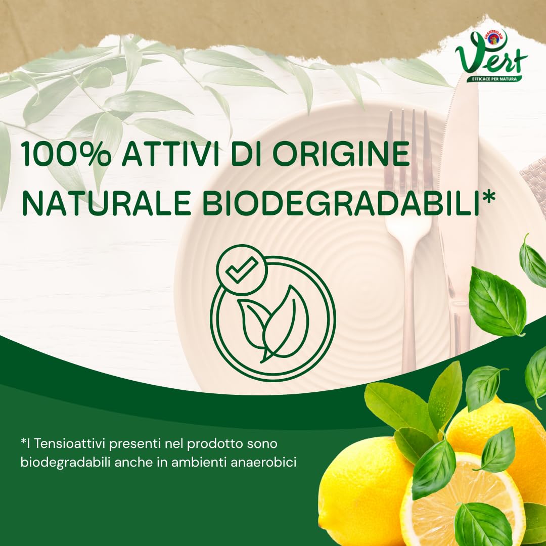 Vert di Chanteclair - Ecodetergente Piatti, Limone e Basilico - Ipoallergenico, Metal tested,100% Attivi di Origine Vegetale, Formula Sgrassante - 12 Flaconi da 500 ml