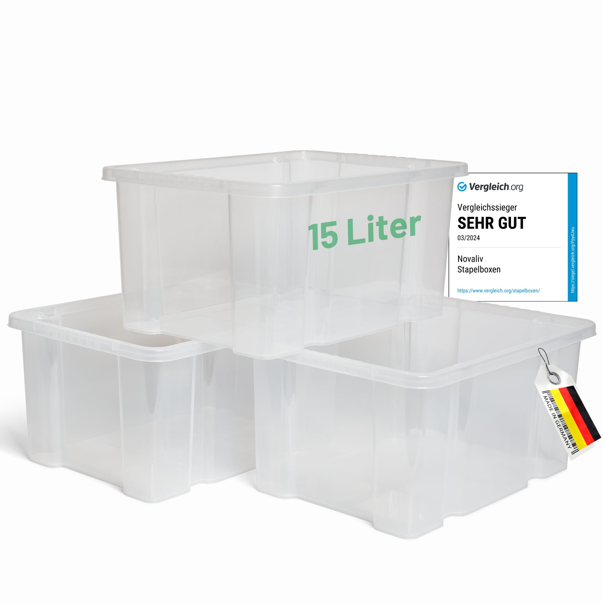Novaliv 4 cajas de almacenamiento sin tapa, 15 L, transparentes, apilables, caja de plástico sin BPA, 39 x 28,5 x 19,5 cm