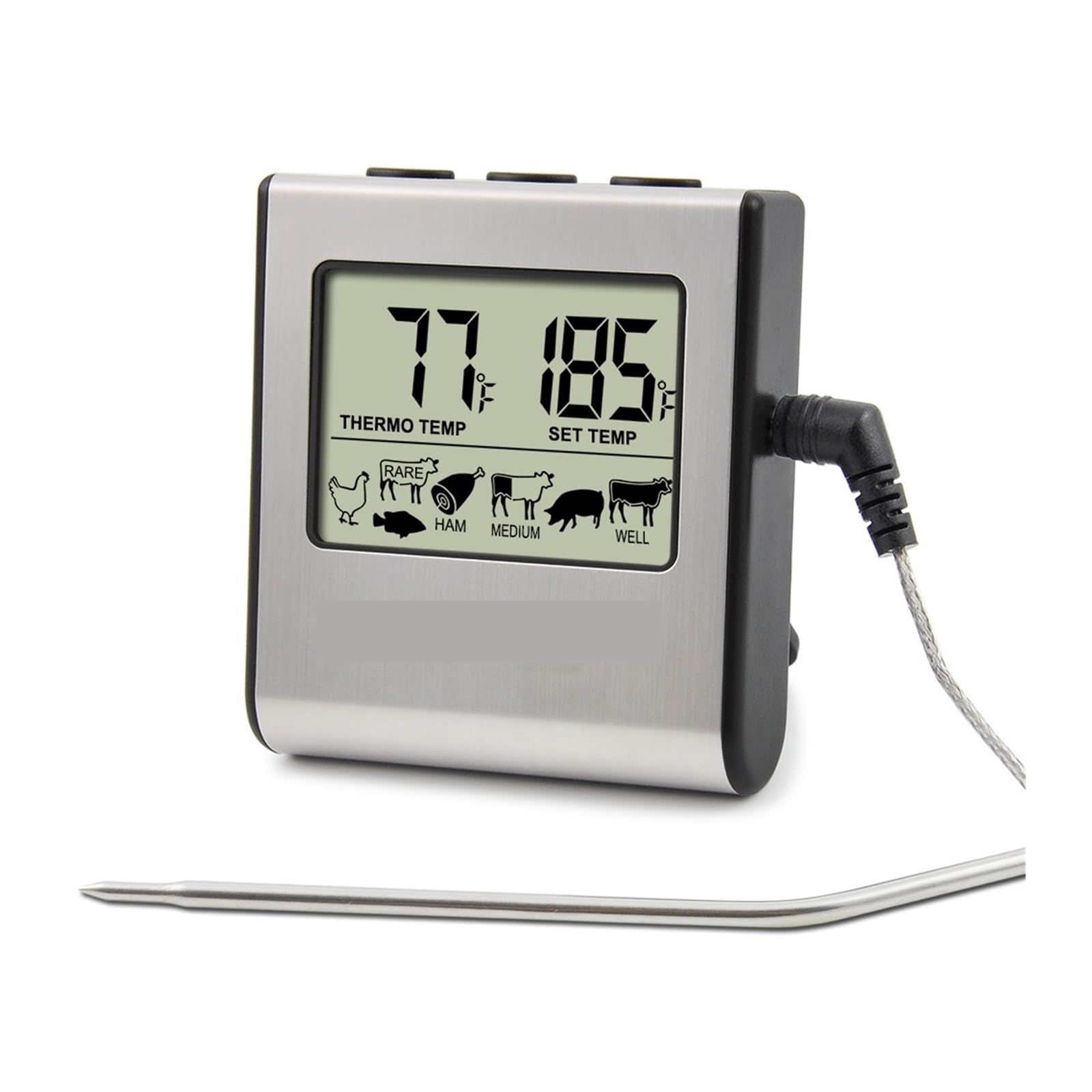 Termoigrometro Termometro for Carne da Cucina con Display LCD Digitale for Griglia da Forno for Barbecue con Funzione Timer(Silver)