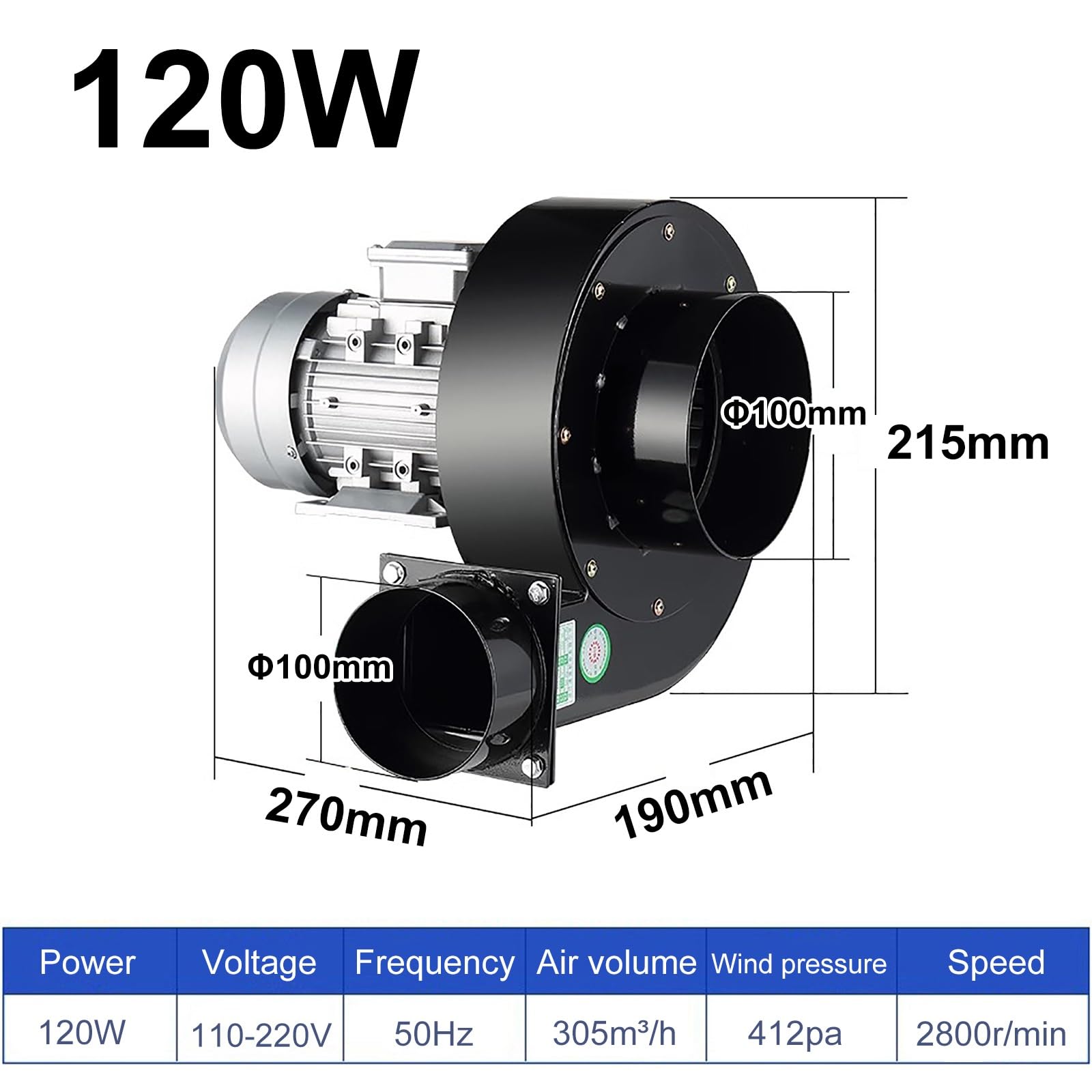 Soffiatore Centrifugo, Soffiatore a Bassa Rumorosità Soffiatore Industriale, Doppio Scopo di Aspirazione e Soffiaggio, Adatto per la Combustione di Caldaie, Ventilazione di Fabbrica(270*190*2