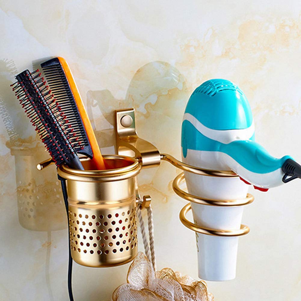 Wakects Porta Asciugacapelli con Tazza da Parete Supporto per Asciugacapelli da Parete in Alluminio Porta Phon da Muro con Viti di Fissaggio per Bagno Doccia Hotel Barbiere(Oro)